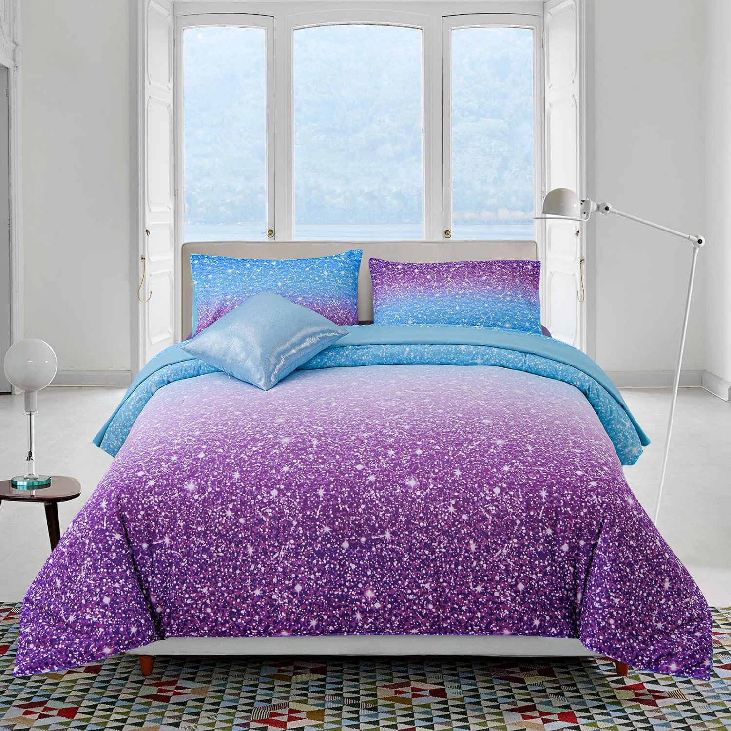 A Nice Night 6Pcs Gradient Glitter Bedding Set for Girls Full Size, Colorful Rainbow Galaxy Comforter Set, Ultra Soft Bedding Sets, Pink