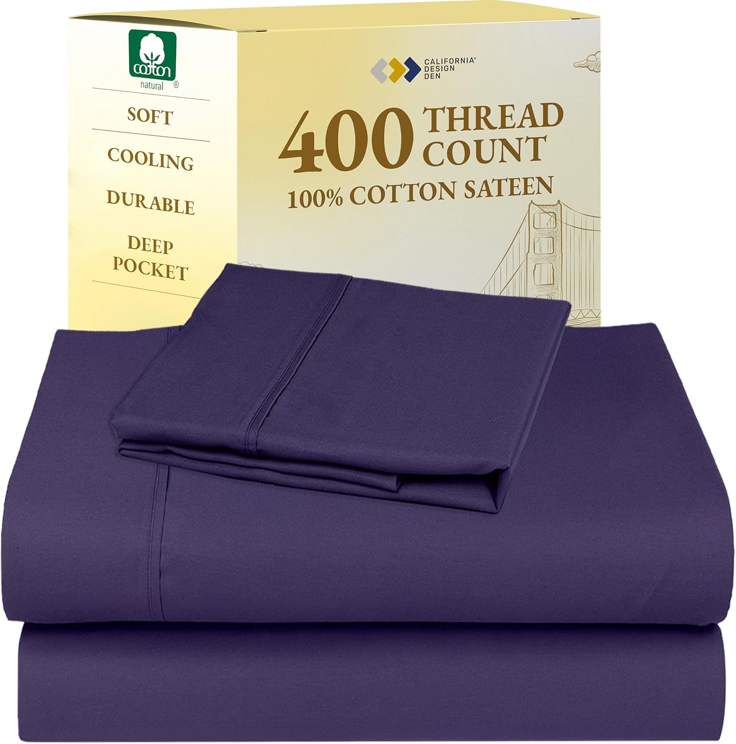 California Design Den King Size Sheets Set - Soft 400 Thread Count Sateen, Natural 100% Cotton Sheets King Size, Deep Pockets with All Around Elastic for a Snug Fit, Cool & Durable Bedding - White