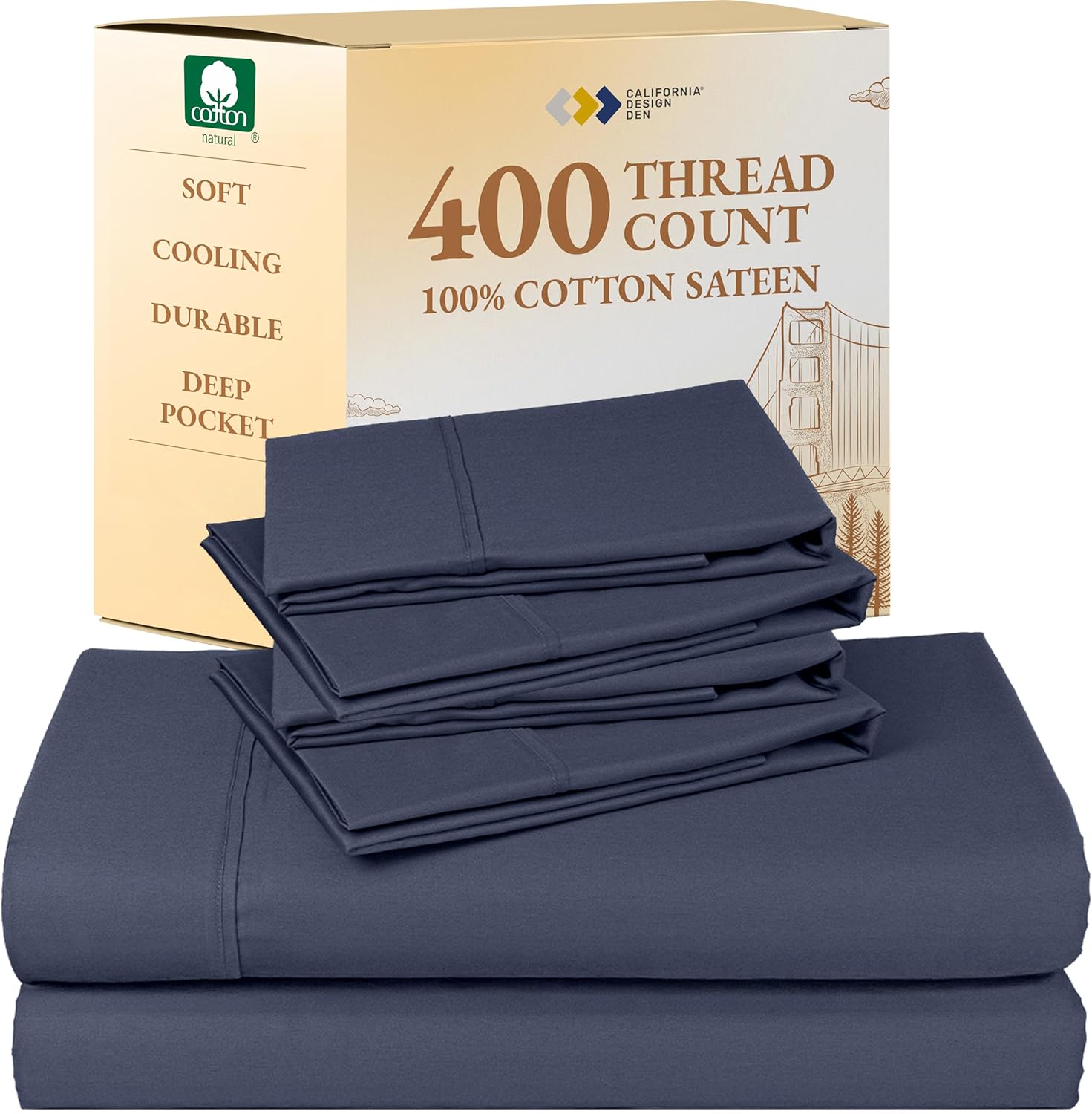 California Design Den King Size Sheets Set - Soft 400 Thread Count Sateen, Natural 100% Cotton Sheets King Size, Deep Pockets with All Around Elastic for a Snug Fit, Cool & Durable Bedding - White