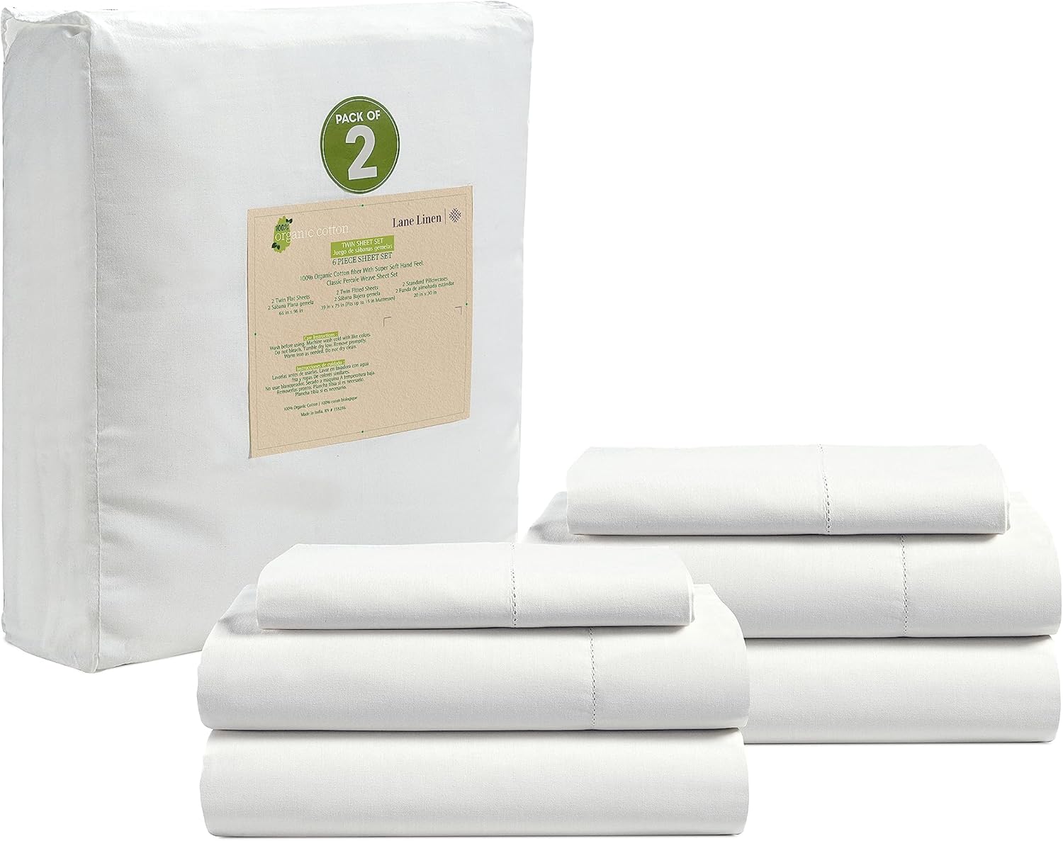 LANE LINEN 100% Organic Cotton King Size Sheets Set, Soft & Comfy All Season Breathable Sheets King Size, Percale Weave Fully Elasticized Eco Friendly Naturally Cooling King White Bed Sheets