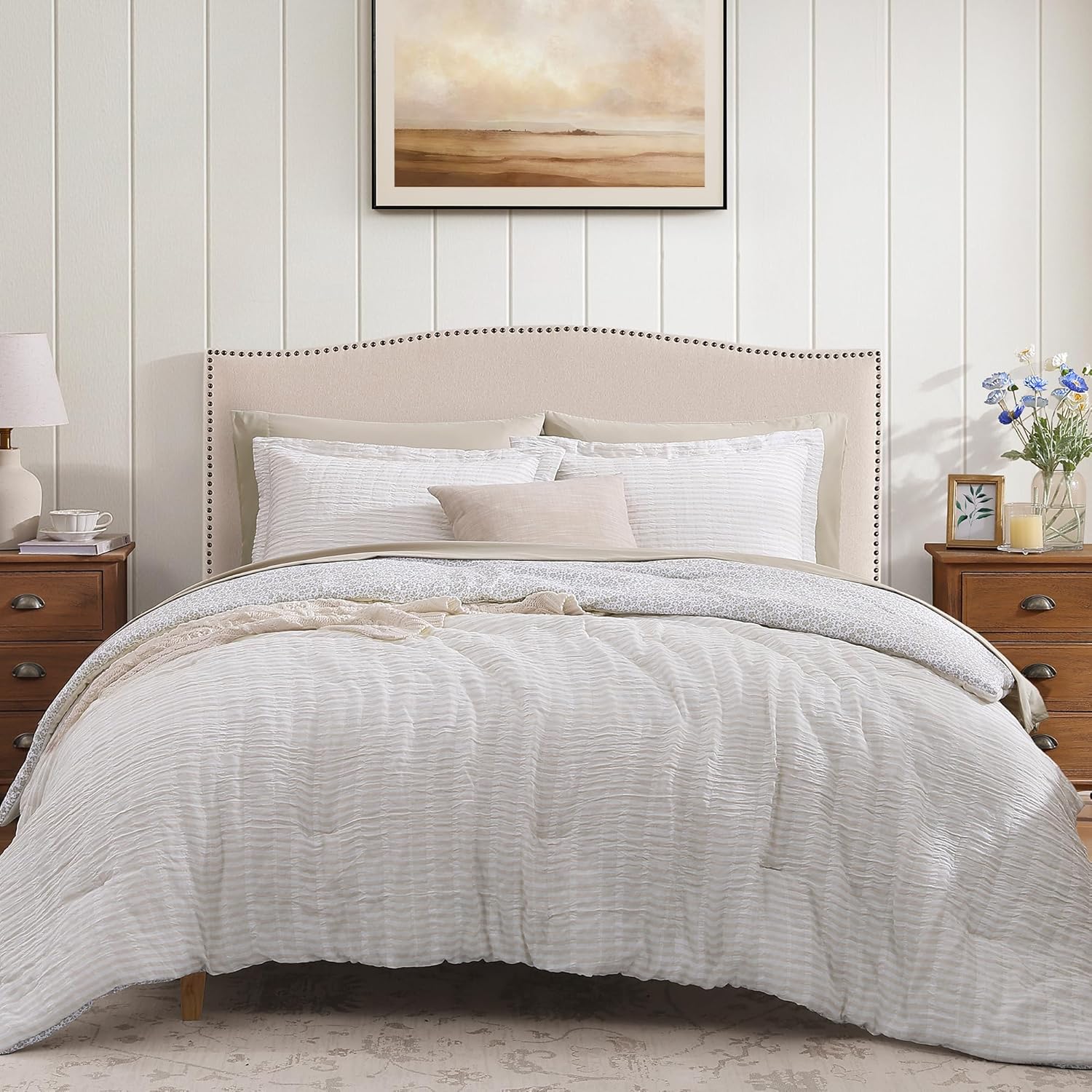 Queen Comforter Set - 7 Pieces Blue Gauze Muslin Bedding Sets for All Seasons, Lightweight Breathable Bed in a Bag Queen with Revesible Farmhouse Comforter, Sheets, Pillowcases & Shams