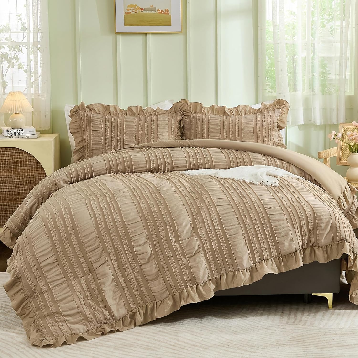 WONGS BEDDING White Queen Comforter Set,Boho Ruffle Comforter for Queen Bed,Soft Seersucker Shabby Chic Bedding Set with 1 Comforter,2 Tufted Pillowcases 90"×90"