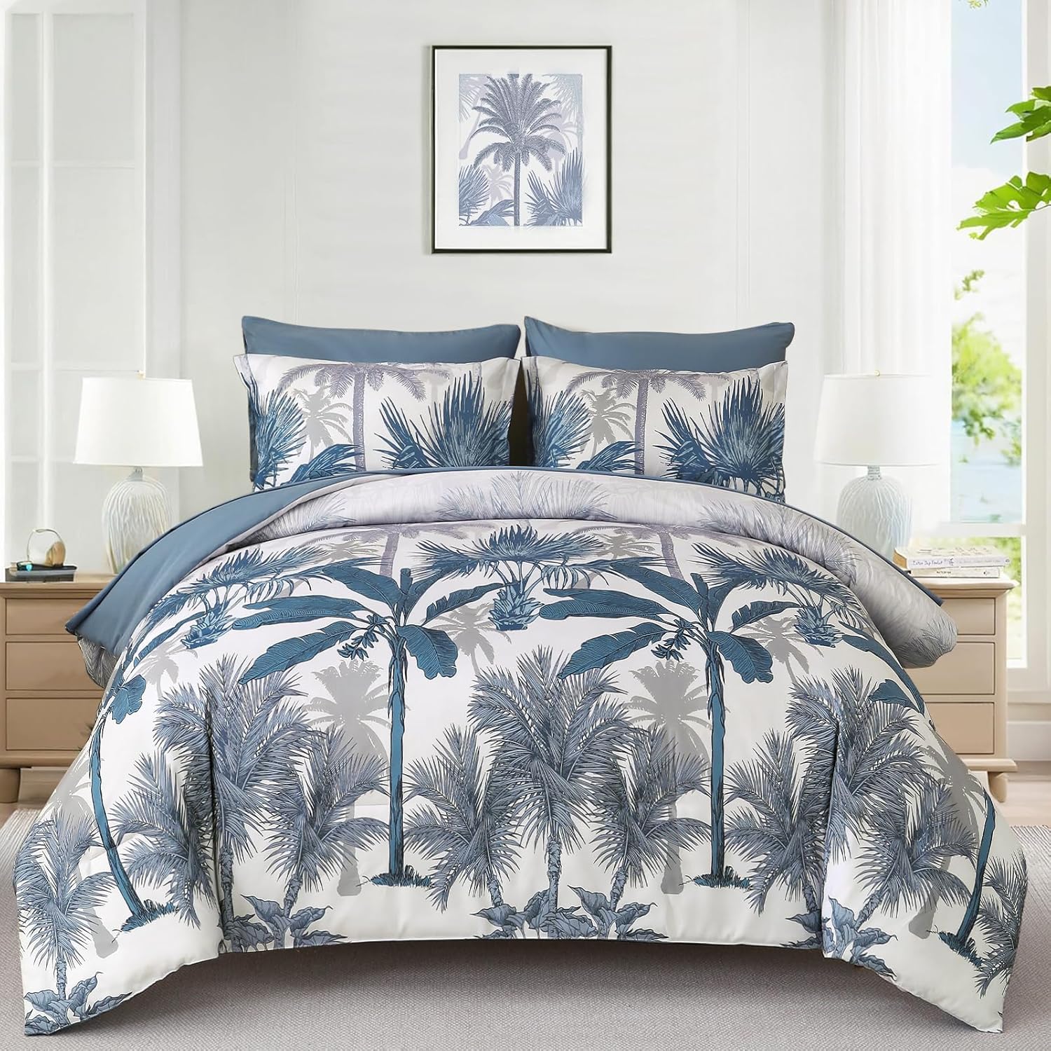 WONGS BEDDING Botanical Comforter Set Queen, 7 Pieces Blue Palm Tree Bed in a Bag, Reversiable Soft Microfiber Coastal Beach Bedding with Comforter, Flat Sheet, Fitted Sheet, Pillow Shams Pillowcases