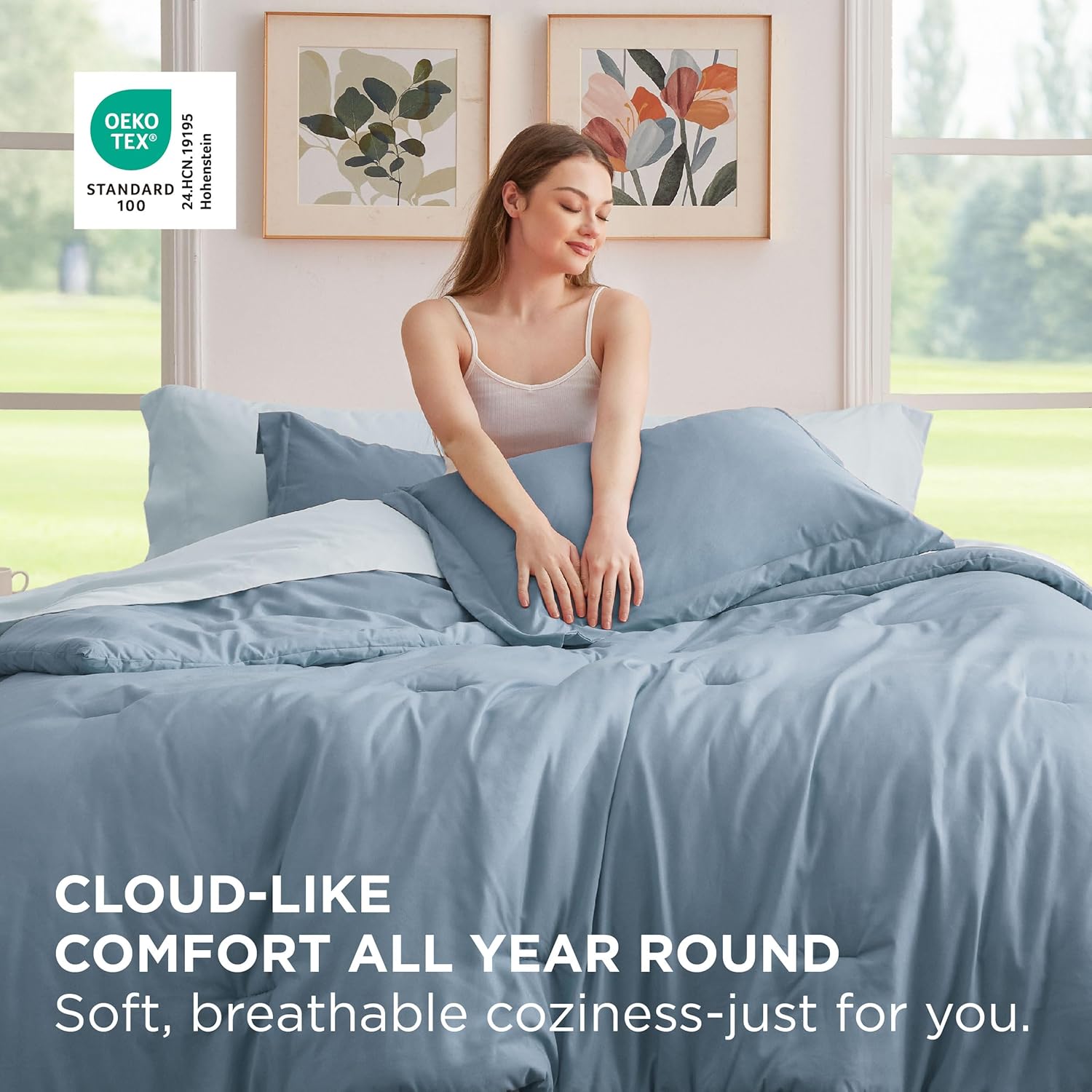 Bedsure Queen Comforter Set - 7 Pieces Grayish Blue Queen Bedding Set for All Seasons, Boho Contrasting Design Bed in a Bag with Comforter, Sheets, Pillowcases & Shams