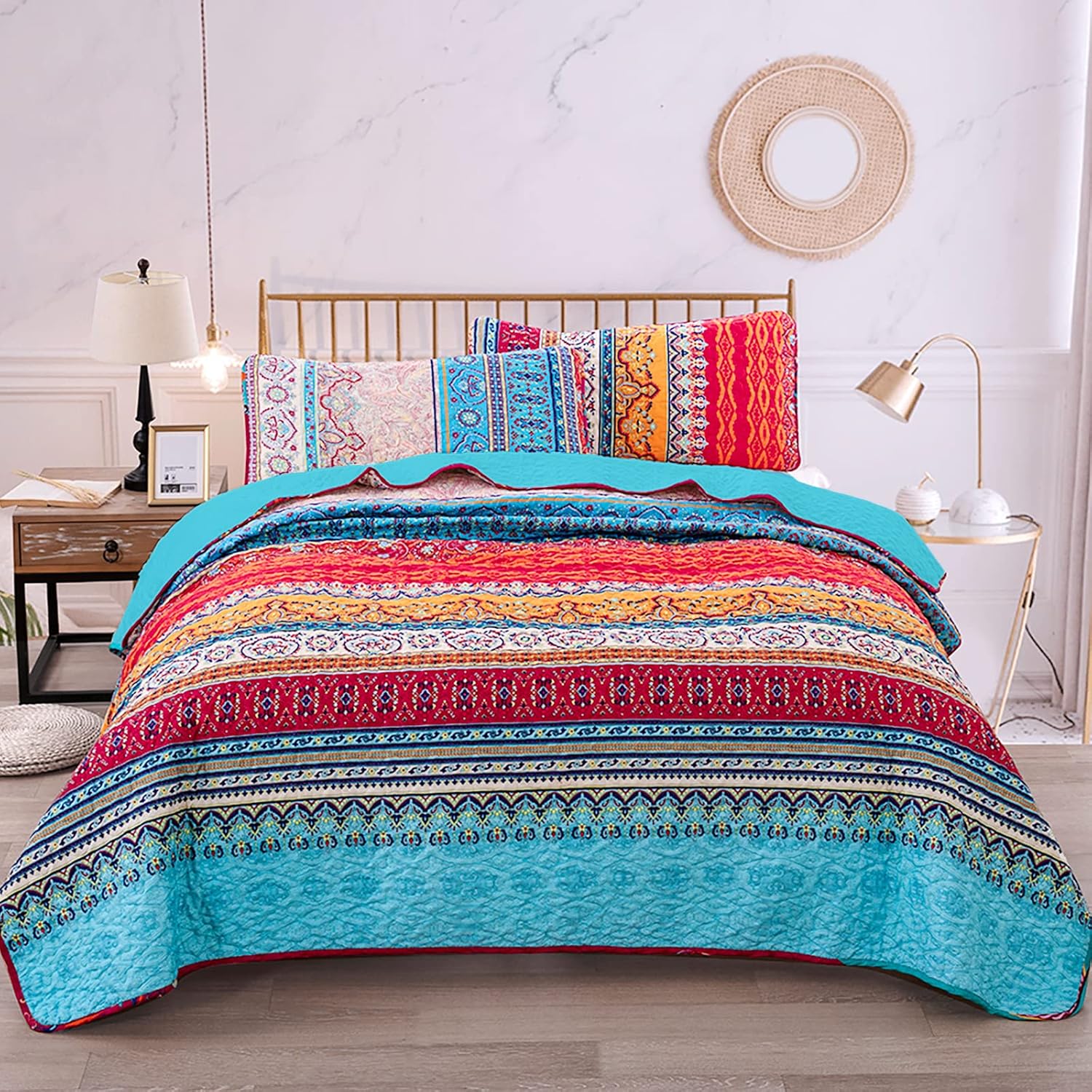 WONGS BEDDING Bohemian Quilt Set King Size, Boho Striped Printed Bedding Bedspread Coverlet Set for All Season, Lightweight Microfiber Quilts with 2 Pillowcases 104"x90" (3 Pieces, Colorful)
