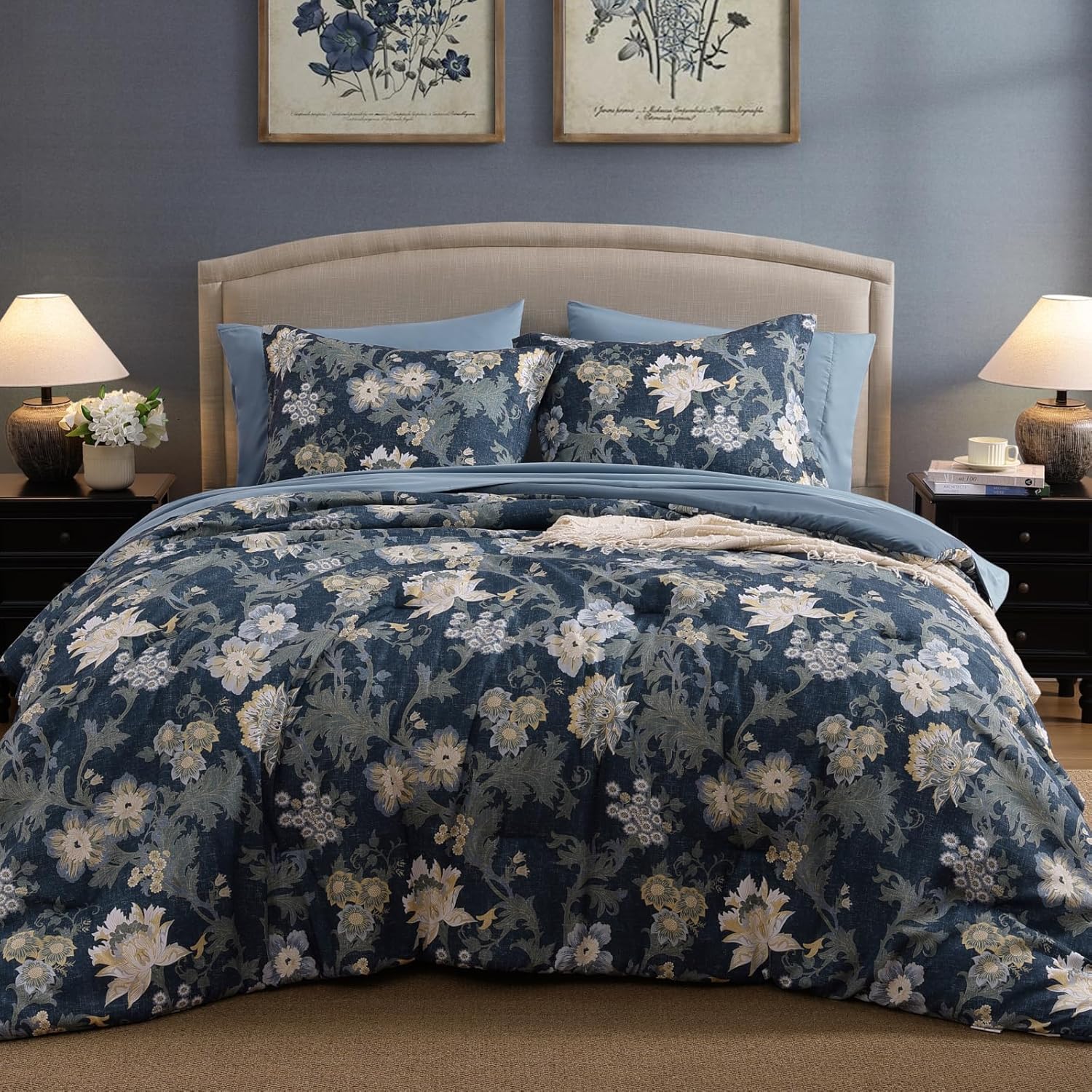 Queen Comforter Set -7 Pieces Pink Floral Comforter Set for All Seasons, Bed in a Bag Queen with Botanical Flowers Comforter, Sheets, Pillowcases & Shams