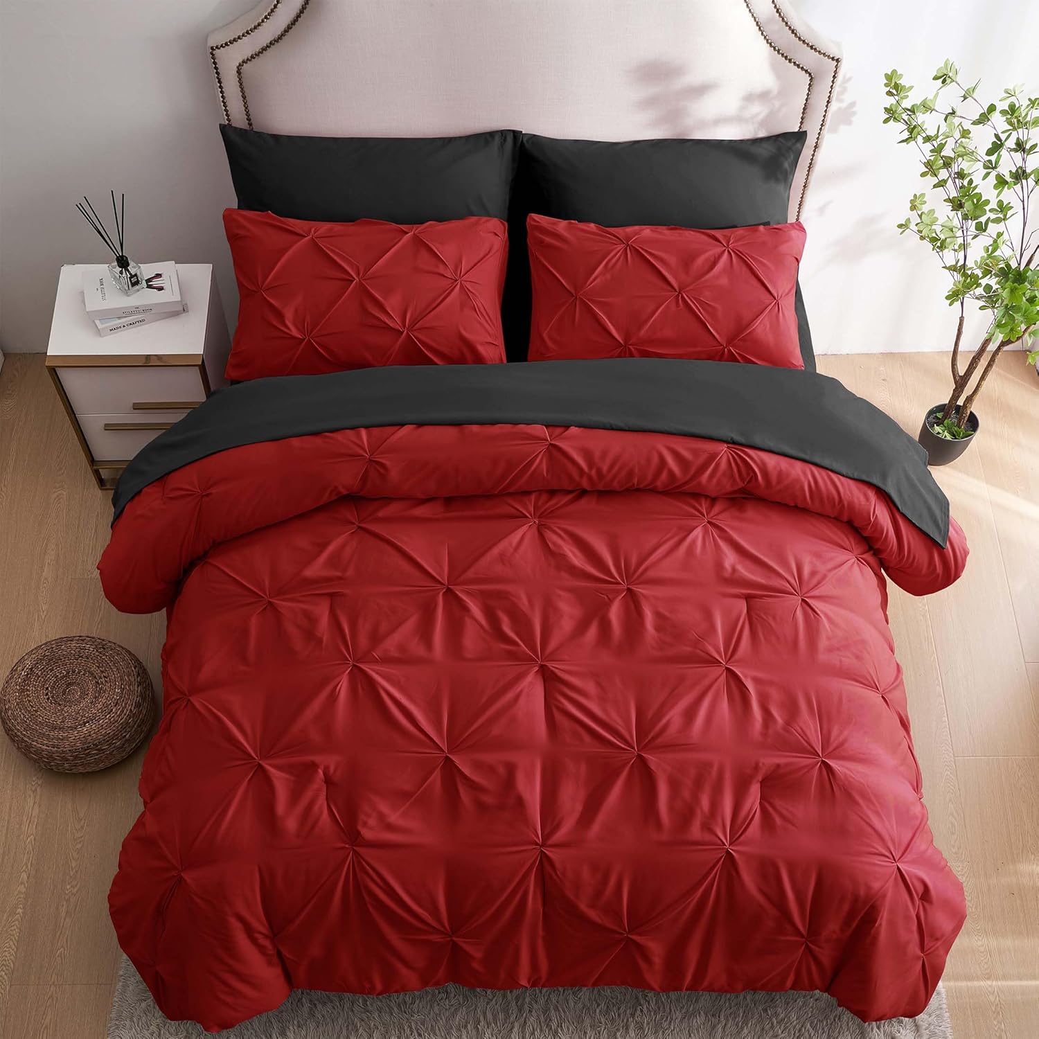 Ubauba 7pc Queen Size Comforter Set with Sheets, Pintuck 7 Piece Bedding Comforters Bed in a Bag for All Season, Pinched Pleat Bed Set with Comforter (Red and Black,Queen)