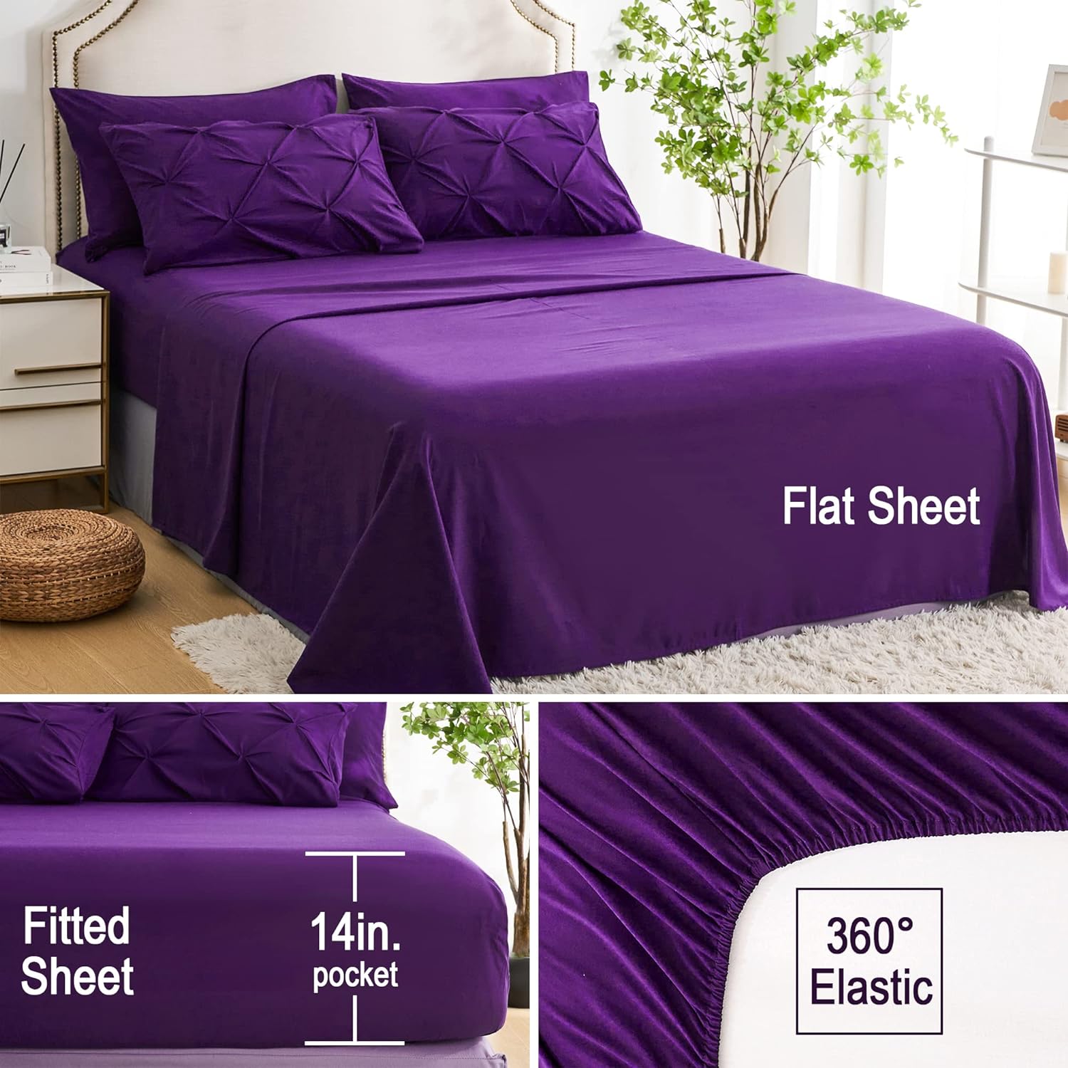 Ubauba 7pc Purple Comforter Set Queen Size with Sheets, Pintuck 7 Piece Bedding Comforters Bed in a Bag for All Season, Pinched Pleat Bed Set with Comforter (Purple,Queen)
