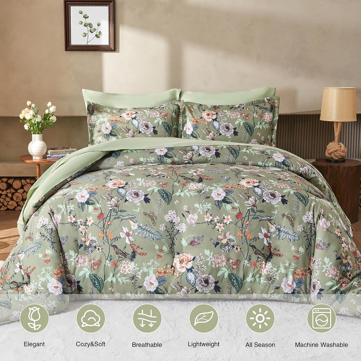 7 Piece Queen Comforter Set, Sage Green Butterfly Floral Comforter Set with Flowers Leaves Pattern, Soft Microfiber Complete Bedding Set for All Season(Sage Green, Queen)