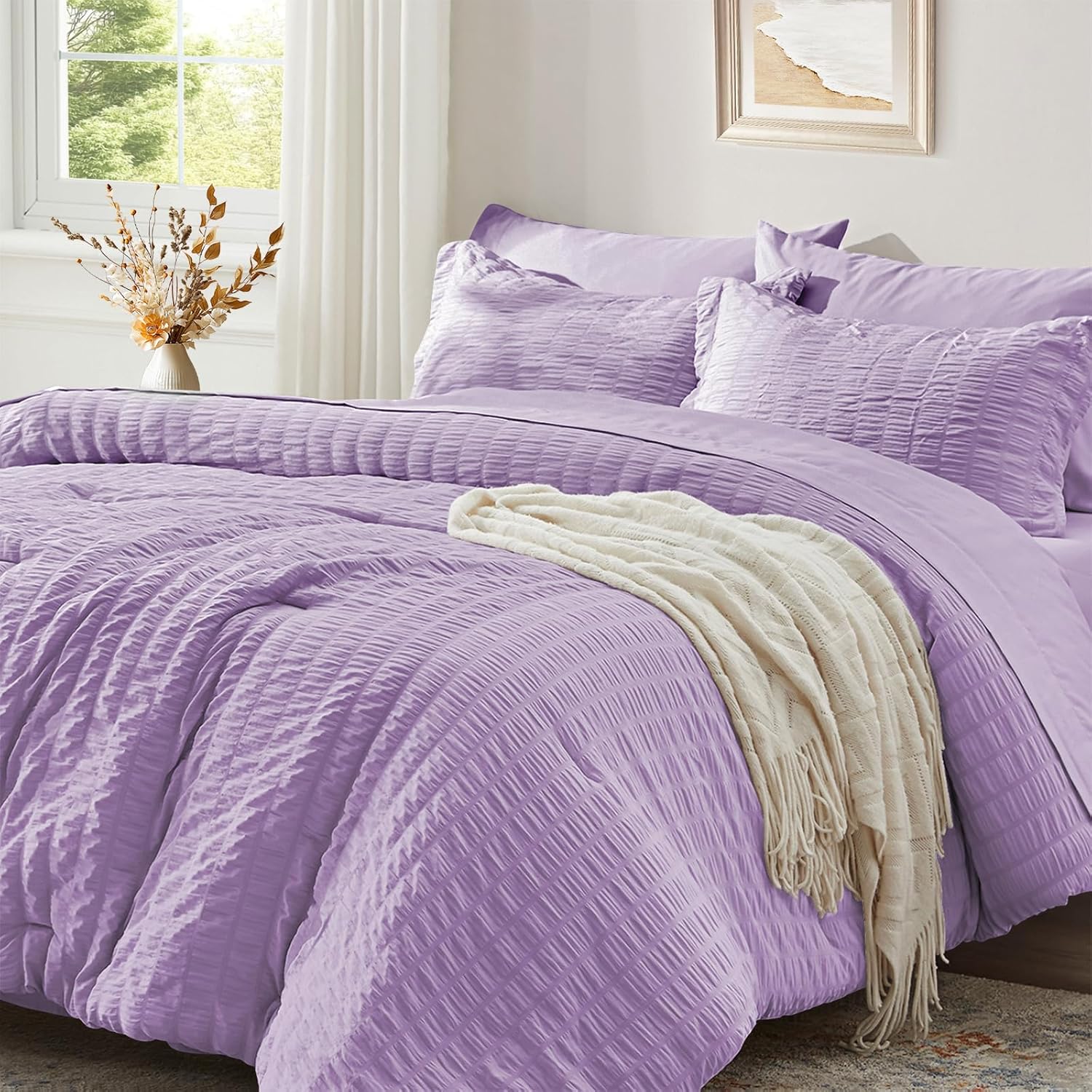 Zzlpp Queen Comforter Set 7 Pieces, Olive Green Seersucker Bed in a Bag with Comforter and Sheets, All Season Bedding Sets with 1 Comforter, 2 Pillow Shams, 2 Pillowcases, 1 Flat Sheet