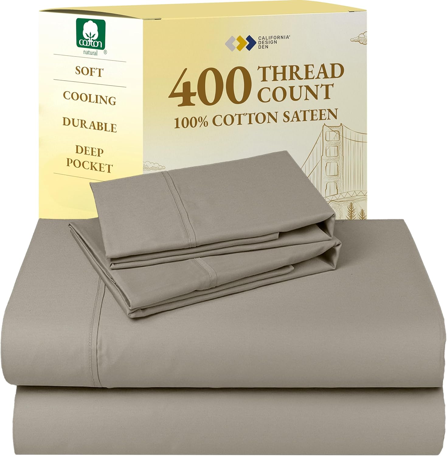 California Design Den King Size Sheets Set - Soft 400 Thread Count Sateen, Natural 100% Cotton Sheets King Size, Deep Pockets with All Around Elastic for a Snug Fit, Cool & Durable Bedding - White