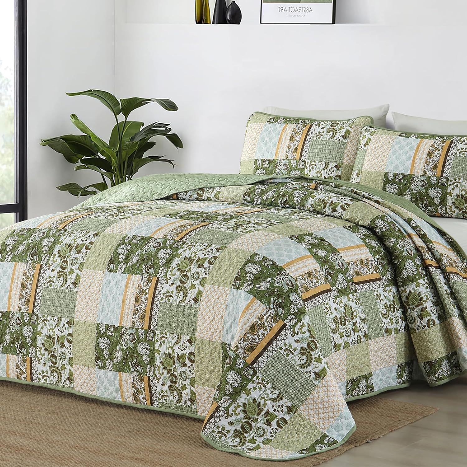 WONGS BEDDING Green Quilt Set King Size，Green Patchwork Plaid Printed Bedspread Coverlet Set，3 Pieces Summer Soft Microfiber Boho Bedding Set with 1 Quilt 2 Pillowcases