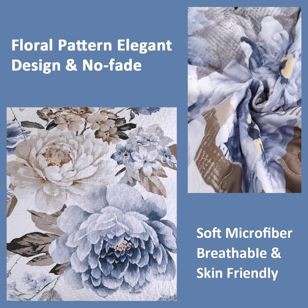 WONGS BEDDING Floral Quilt Set Blue Queen Size 3 Pieces Elegant Botanical Print Bedding Set for All Season, Lightweight Reversible Bedspreads Coverlet Set with 2 Pillow Shams
