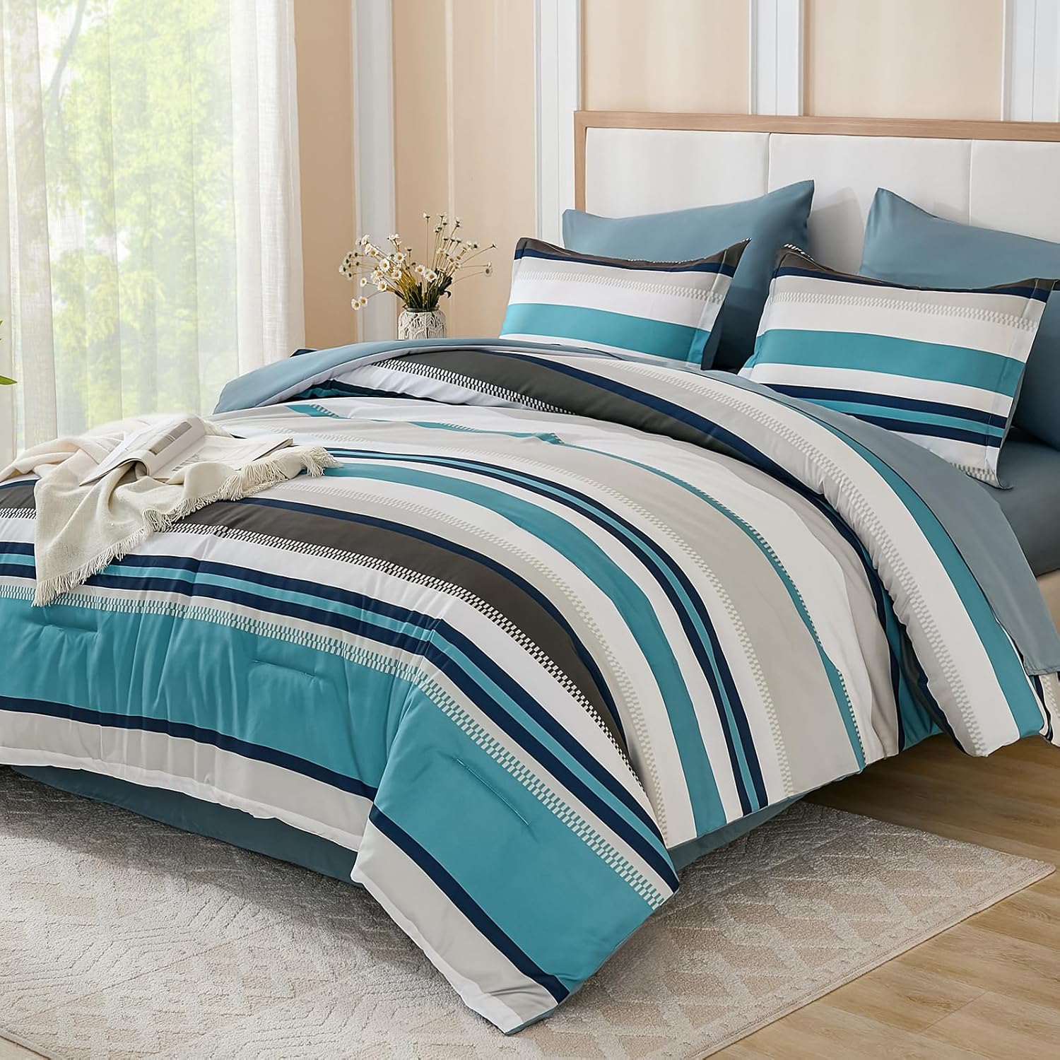 WONGS BEDDING Queen Comforter Set, 7 Pieces Blue Comforter Set Queen, Soft Striped Bed in a Bag Bedding Set with Comforter, Flat Sheet, Fitted Sheet, Pillow Shams, Pillowcase
