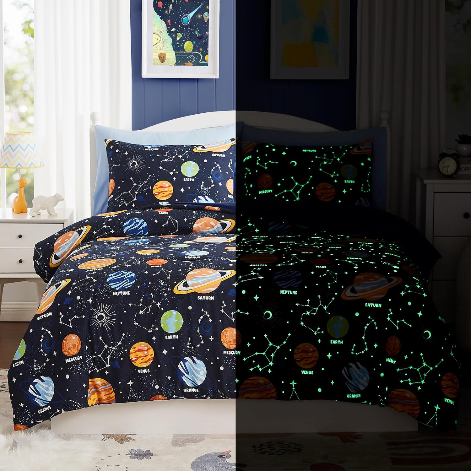 Twin Kids Comforter Set - 5 Pieces Twin Bedding Sets for Boys, Glow in The Dark Space Bed in A Bag with Sheets