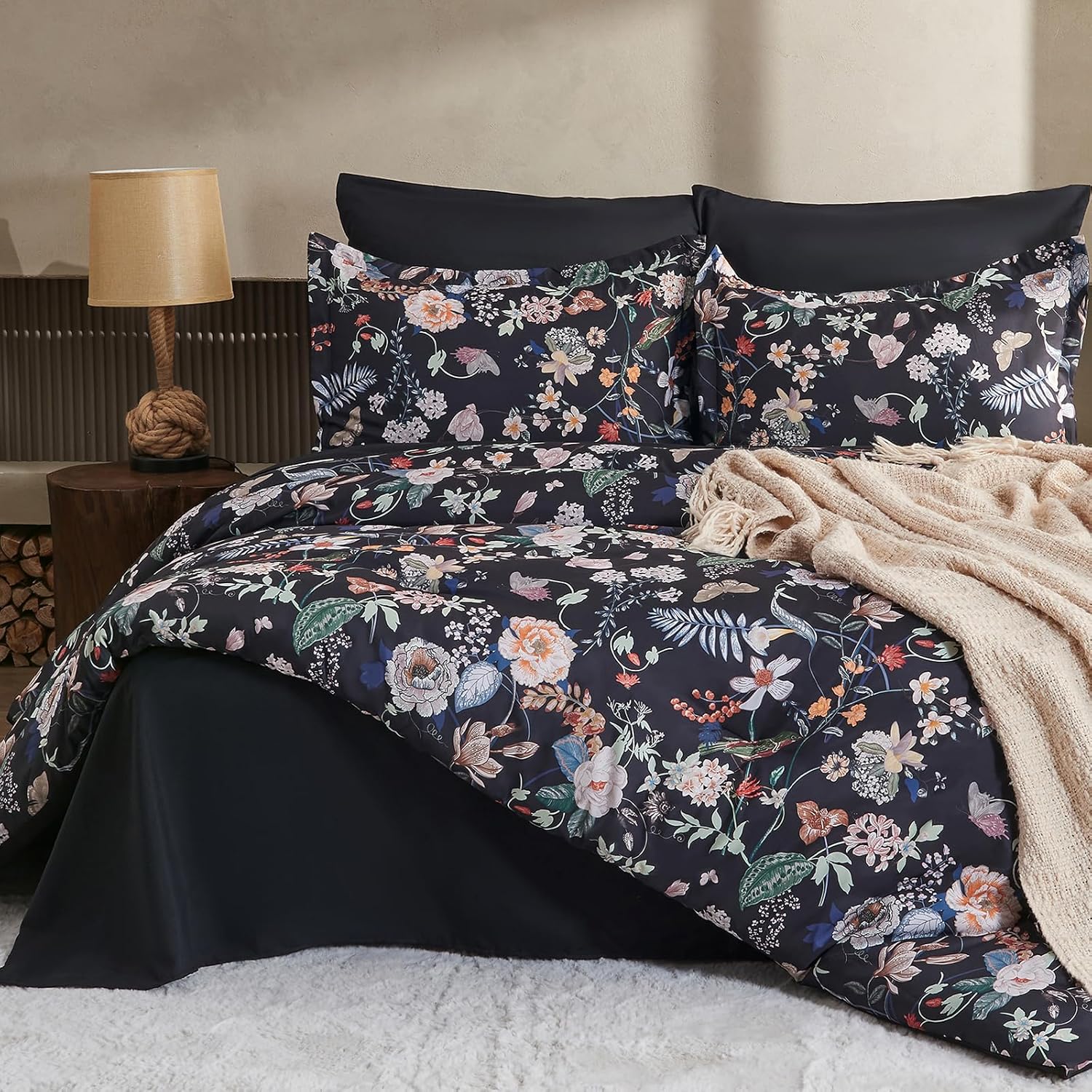 7 Piece Queen Comforter Set, Sage Green Butterfly Floral Comforter Set with Flowers Leaves Pattern, Soft Microfiber Complete Bedding Set for All Season(Sage Green, Queen)