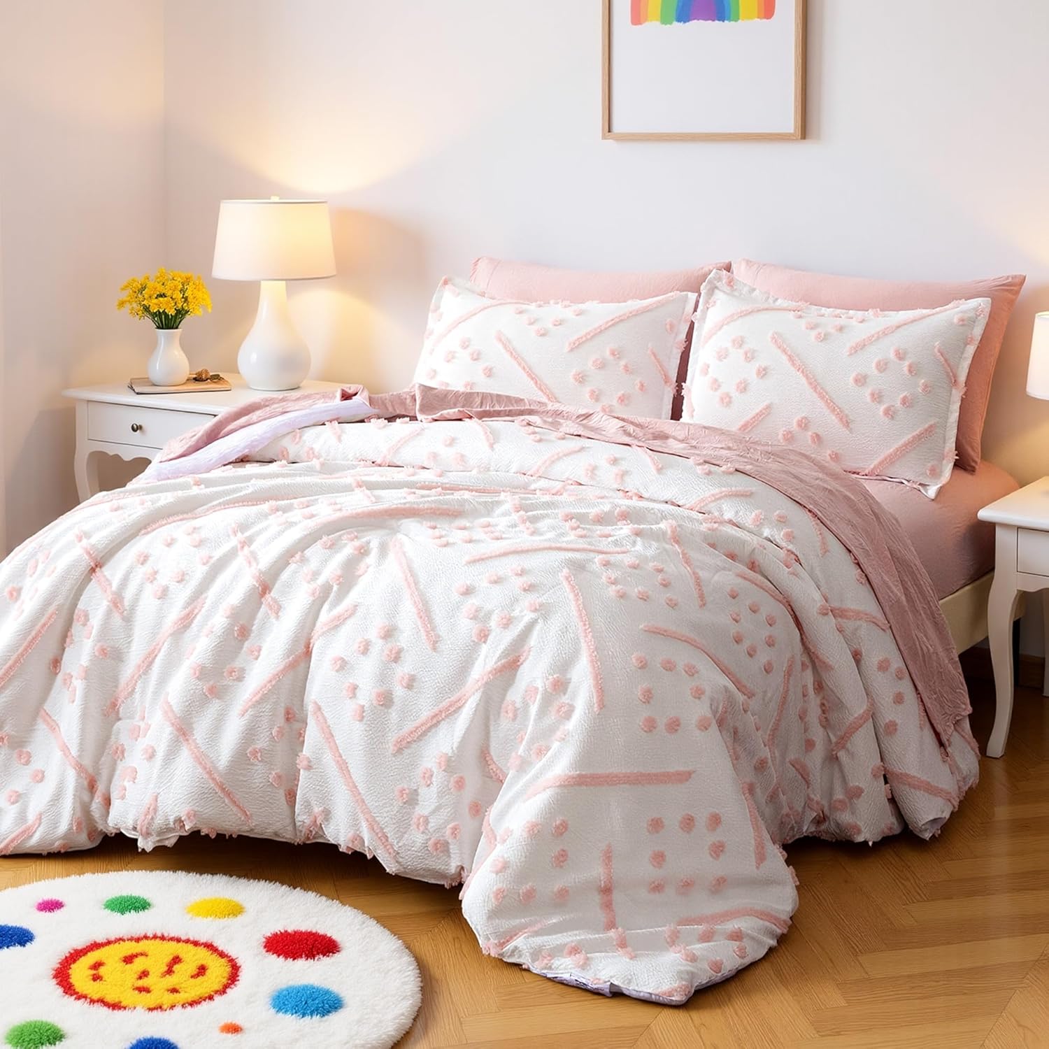 Amazon Basics 7-Piece Kids' Bed-in-a-Bag, Jacquard Microfiber Bedding Set with Comforter, Sheets, Pillowcases and Pillow Covers, All-Season, Pink Tufted, Full/Queen