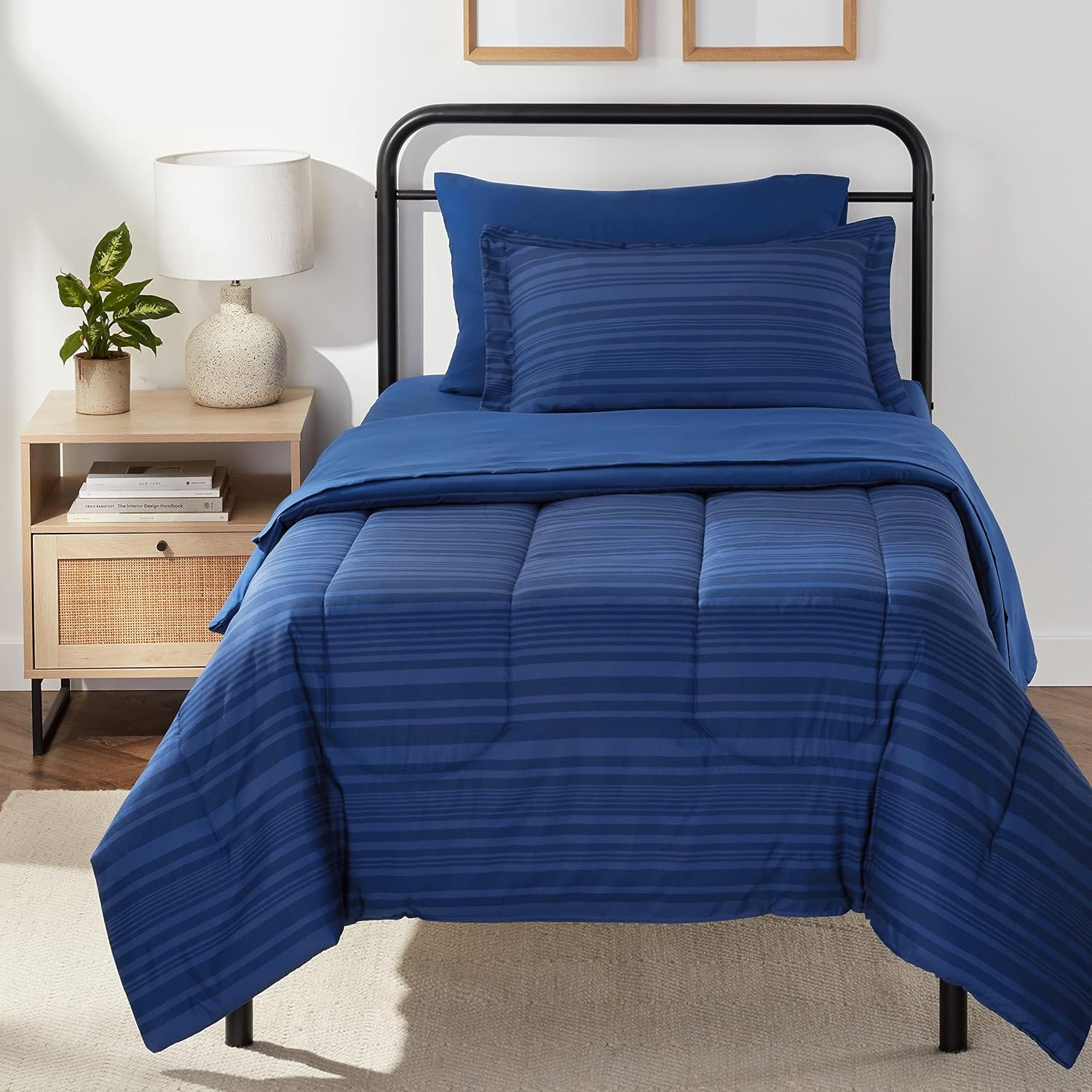 Amazon Basics Full/Queen Comforter Set with Sheets, 7-Piece Blue Calvin Striped Bedding, Lightweight Microfiber Bed-in-a-Bag