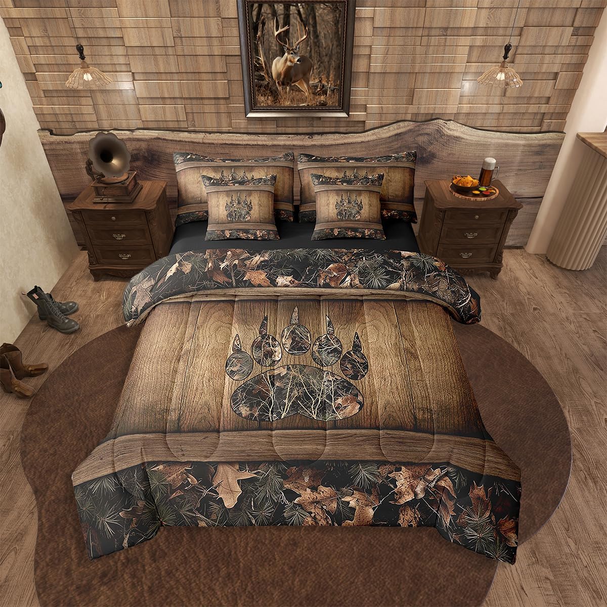 Erosebridal 7 Piece Camo Mallard Duck Comforter Set with Sheets for Kids Boys Men Rustic Farmhouse Cabin Bed in A Bag Queen,Hunting Woodland Duck Bedding Set Country Wood Board Animal Bed Set