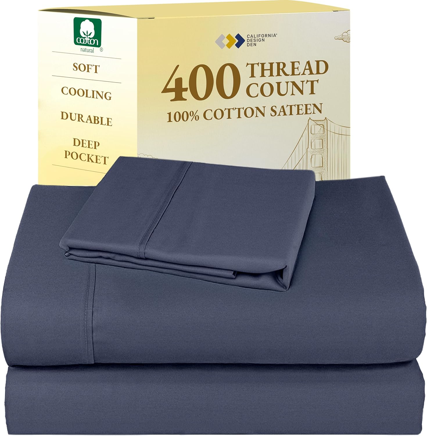 California Design Den King Size Sheets Set - Soft 400 Thread Count Sateen, Natural 100% Cotton Sheets King Size, Deep Pockets with All Around Elastic for a Snug Fit, Cool & Durable Bedding - White