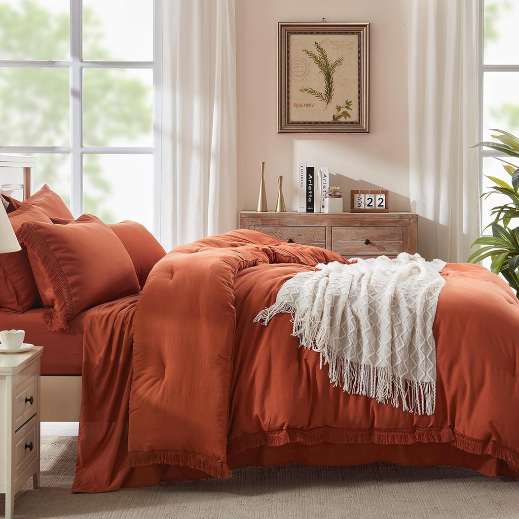 Andency Queen Comforter Set with Sheets Burnt Orange - 7 Pieces Boho Tassel Bed in a Bag Soft Lightweight Bedding Sets, Terracotta Rust Fringe Bed Set with Comforter, Sheets, Pillowcases & Shams