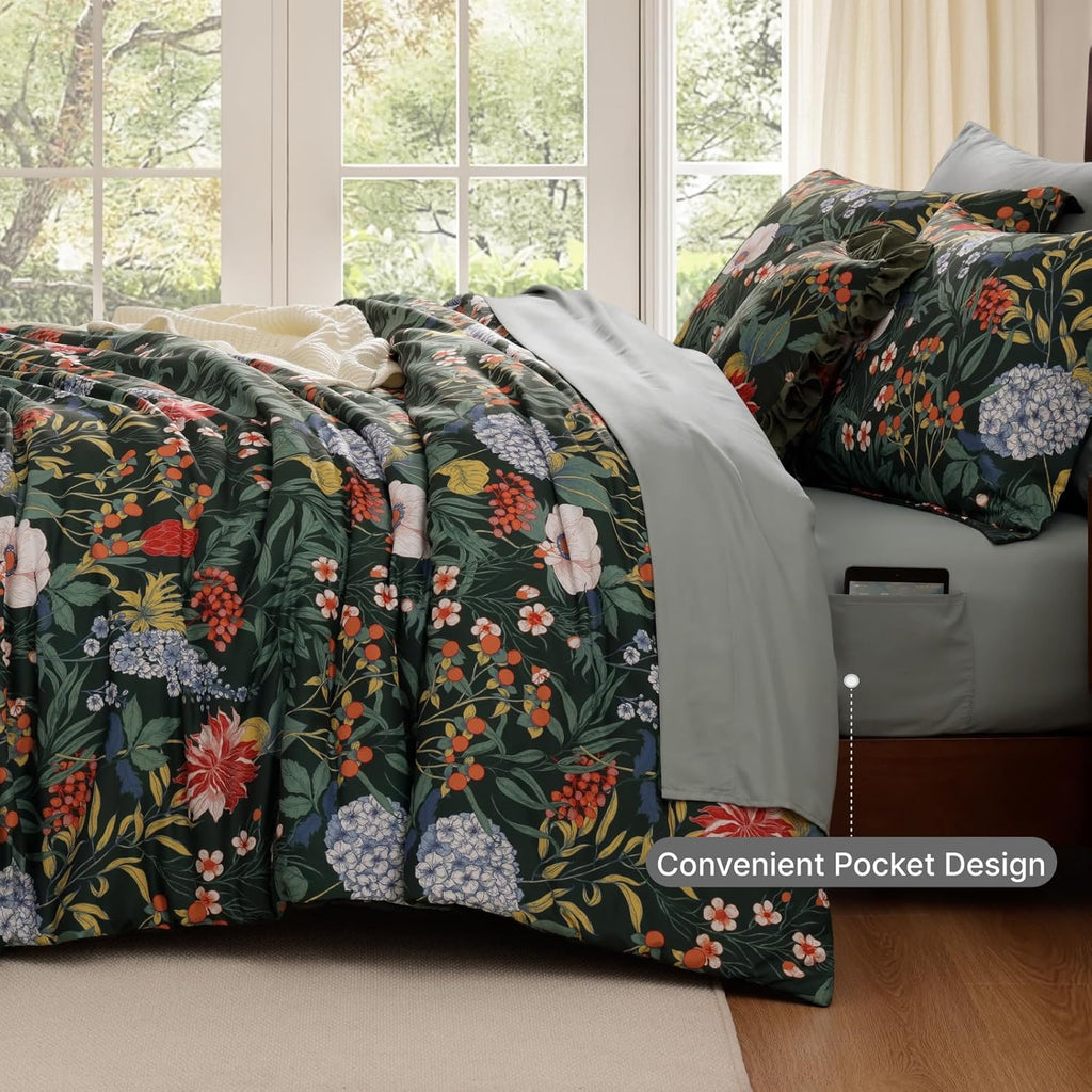WRENSONGE Queen Comforter Set-7 Pieces Green Botanical Floral Bedding, Flowers Printed Design Queen Bed in a Bag with Botanical Flowers Comforter, Sheets, Pillowcases & Shams