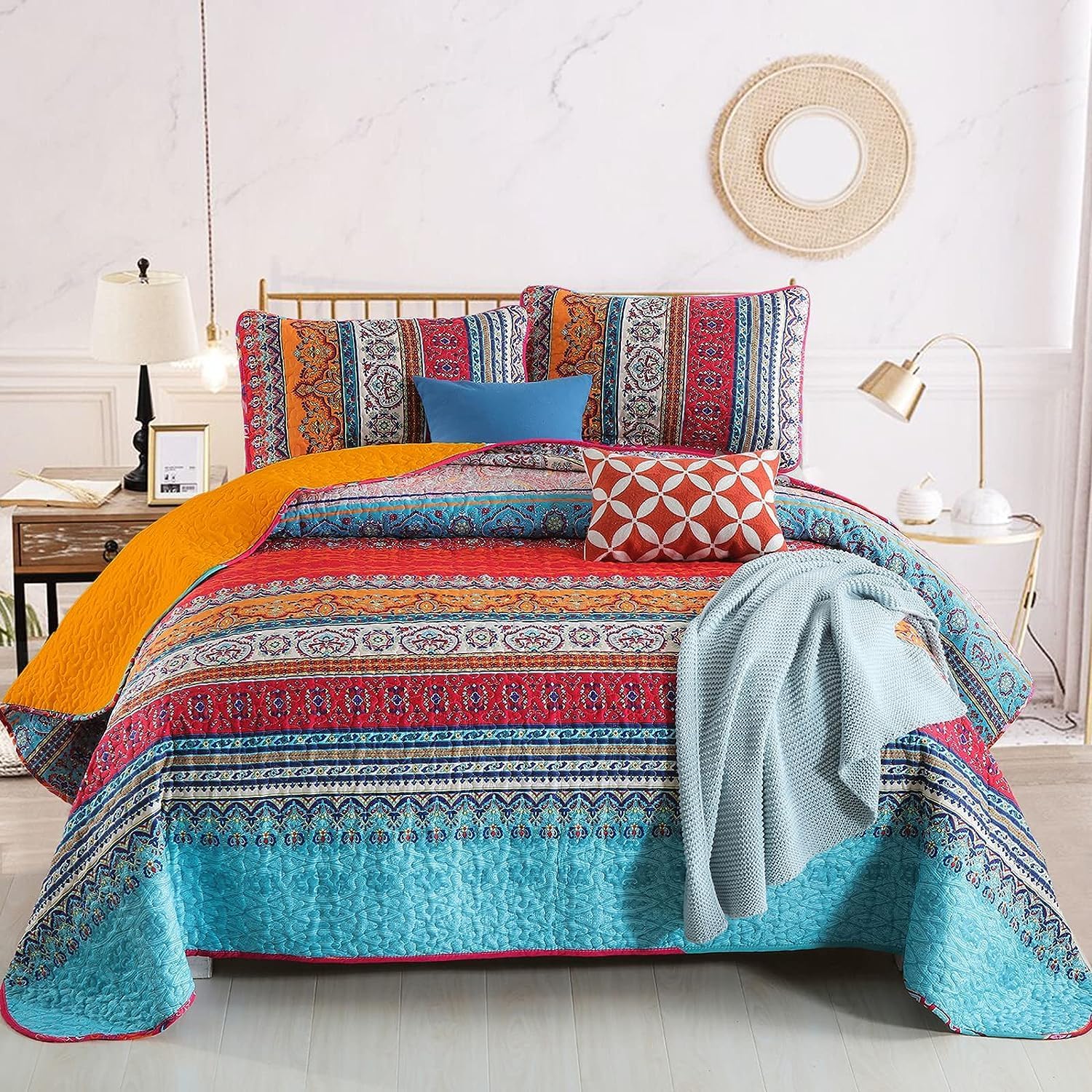 WONGS BEDDING Bohemian Quilt Set King Size, Boho Striped Printed Bedding Bedspread Coverlet Set for All Season, Lightweight Microfiber Quilts with 2 Pillowcases 104"x90" (3 Pieces, Colorful)