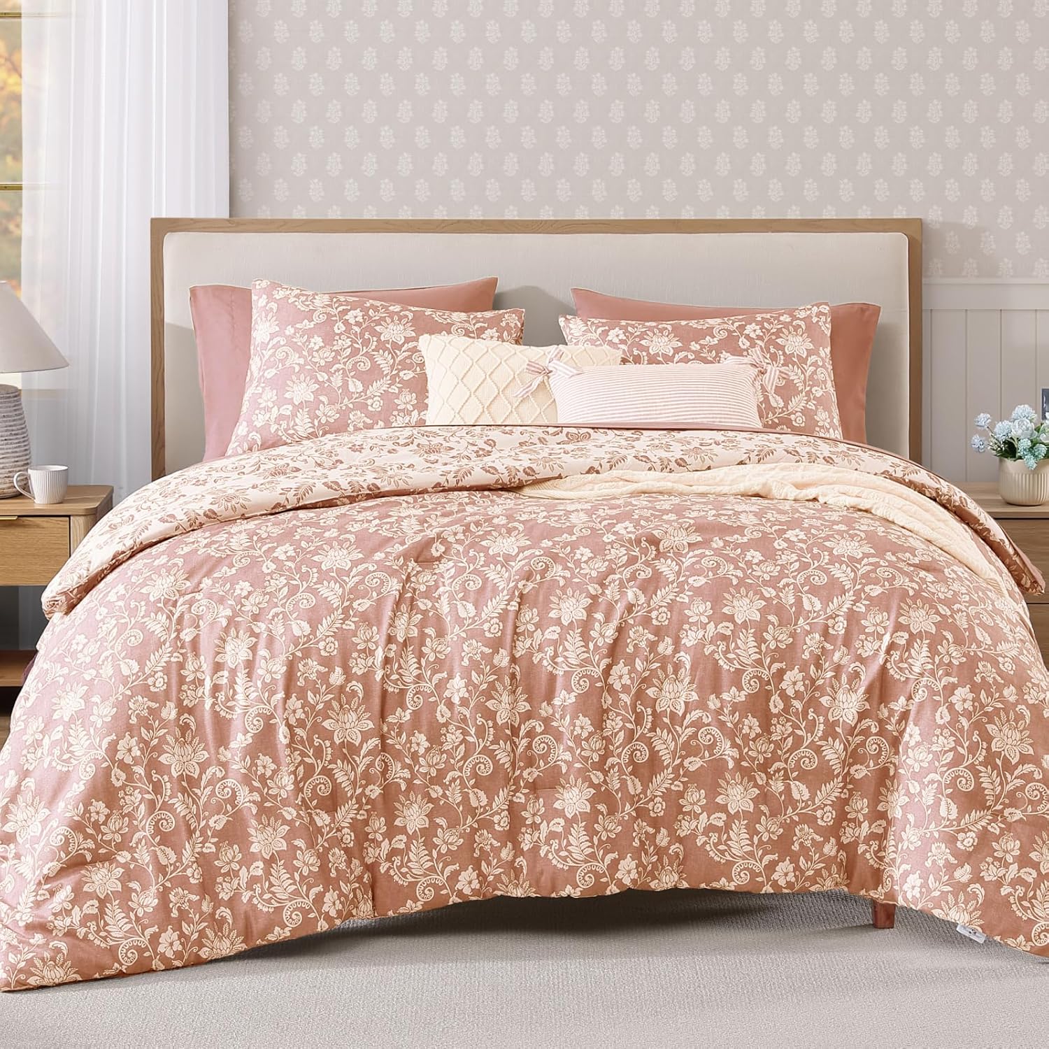 Queen Comforter Set -7 Pieces Pink Floral Comforter Set for All Seasons, Bed in a Bag Queen with Botanical Flowers Comforter, Sheets, Pillowcases & Shams