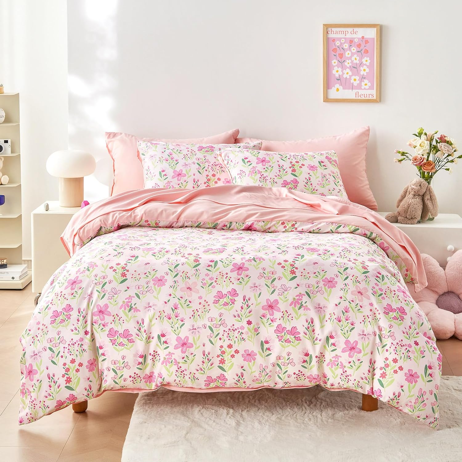Wake In Cloud - Floral Bedding Set for Girls, Cute Colorful Botanical Flowers Patterned Soft Lightweight Comforter Set with Sheets, 5 Pieces Kids Bed in a Bag, Light Pink, Twin Size