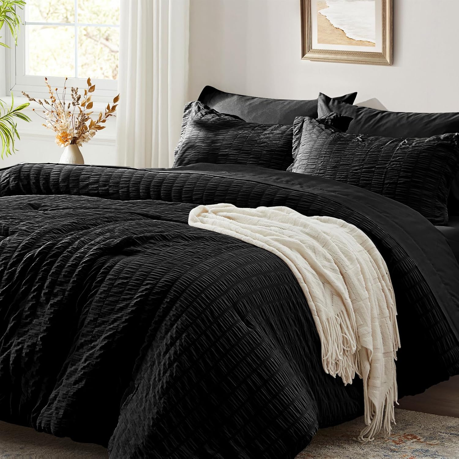 Zzlpp Queen Comforter Set 7 Pieces, Olive Green Seersucker Bed in a Bag with Comforter and Sheets, All Season Bedding Sets with 1 Comforter, 2 Pillow Shams, 2 Pillowcases, 1 Flat Sheet