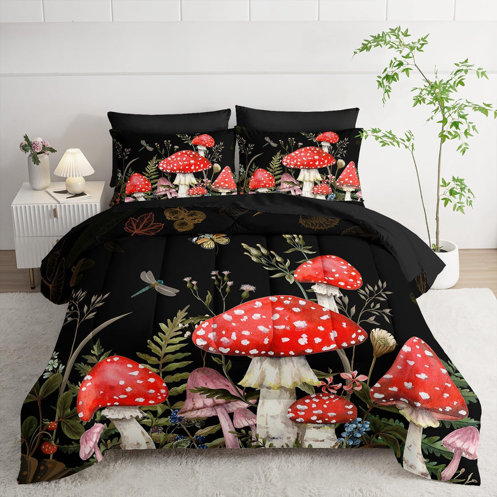 7pc Queen Comforter Set: Black & Gold Floral Bed in a Bag, Elegant Bedding with Sheets, Soft Microfiber, All Season Flower Design