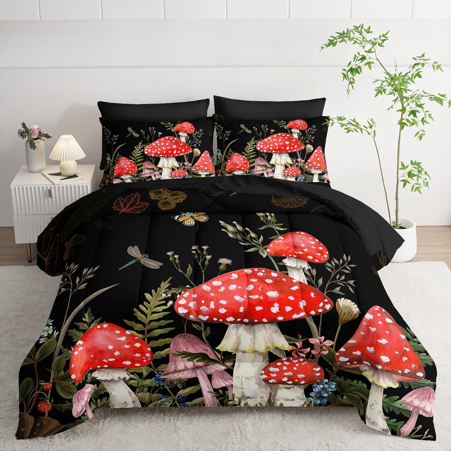 7pc Queen Comforter Set: Black & Gold Floral Bed in a Bag, Elegant Bedding with Sheets, Soft Microfiber, All Season Flower Design