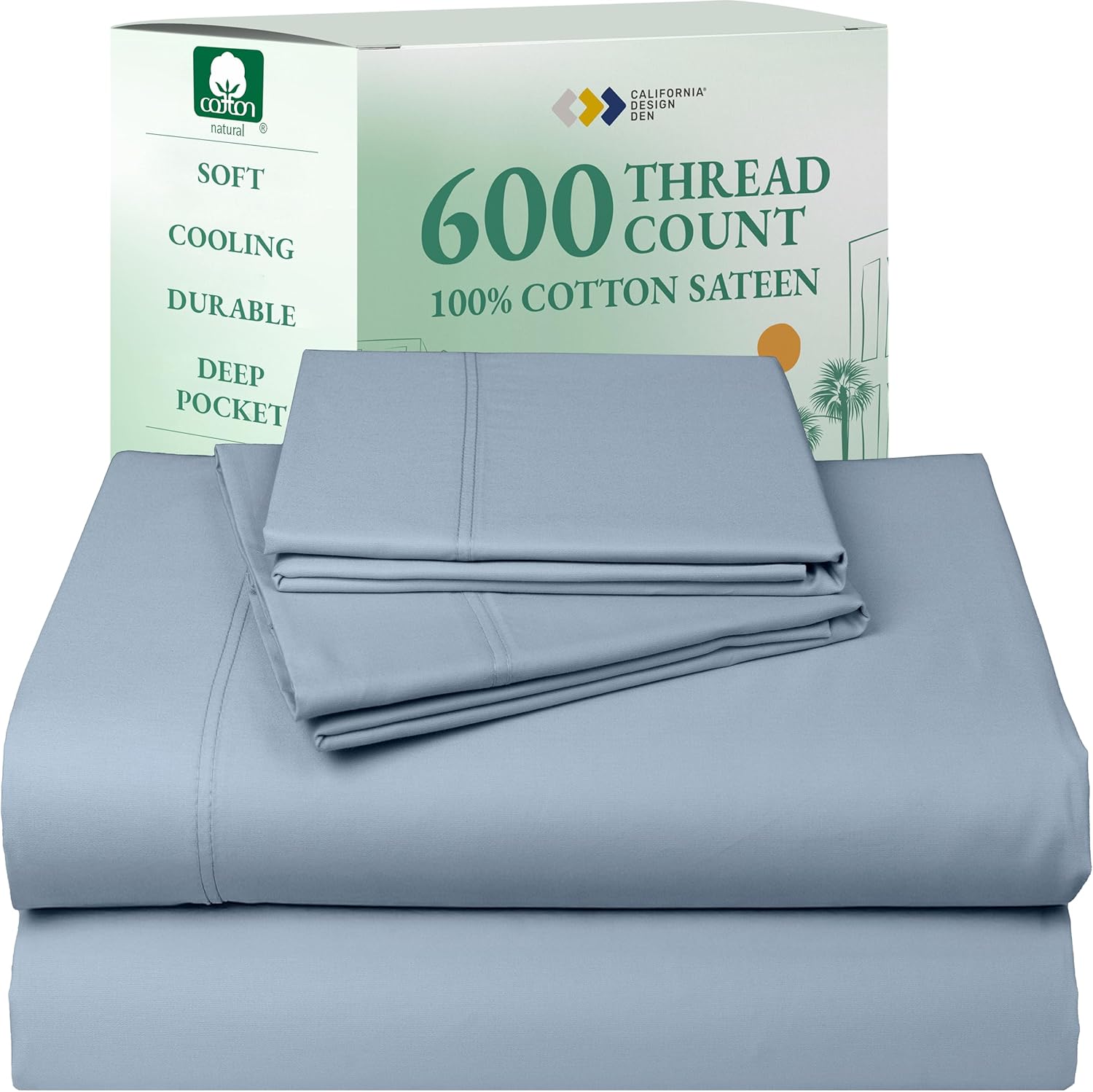 California Design Den Queen Sheet Set - Luxury 600 Thread Count Sateen, 100% Cotton Deep Pocket Queen Sheets with All Around Elastic, Snug Fit, Hotel Quality Bedding Set - White
