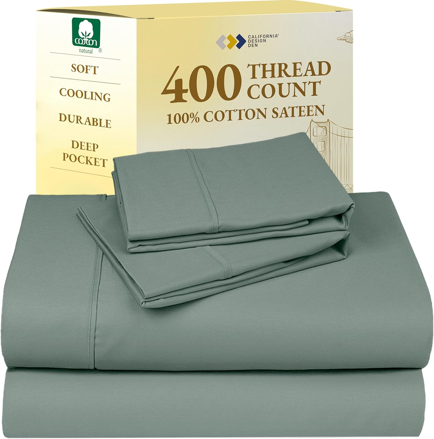 California Design Den King Size Sheets Set - Soft 400 Thread Count Sateen, Natural 100% Cotton Sheets King Size, Deep Pockets with All Around Elastic for a Snug Fit, Cool & Durable Bedding - White