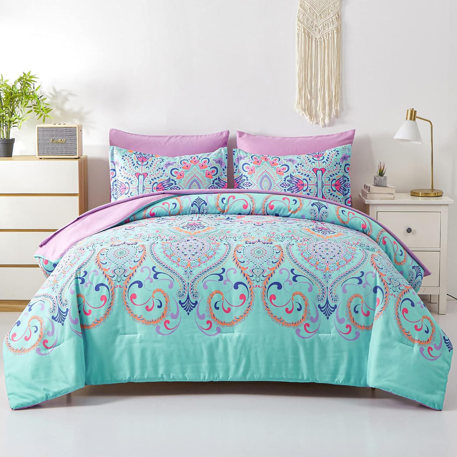 Boho Comforter Set Queen - 7 Pieces Bed in a Bag Floral Medallions Design, Bohemian Comforter Set with Sheets, Soft Microfiber Complete Bedding Sets All Season (Teal Blue, Queen)