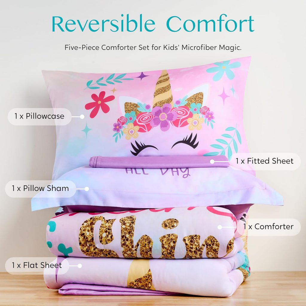 Joiedomi Kid Twin Comforter Set 5 Piece Unicorn Bedding Set for Boys Girls Super Soft Microfiber Bed in a Bag with Comforter Sheets Pillowcase Sham