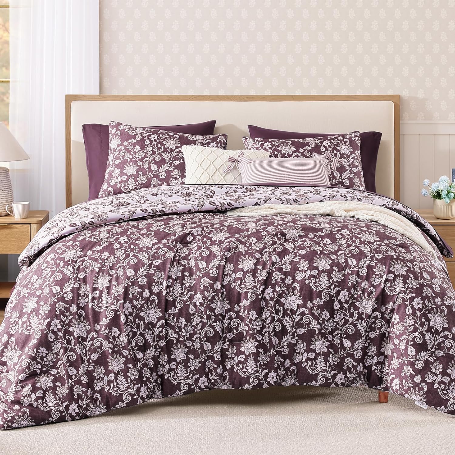 Queen Comforter Set -7 Pieces Pink Floral Comforter Set for All Seasons, Bed in a Bag Queen with Botanical Flowers Comforter, Sheets, Pillowcases & Shams