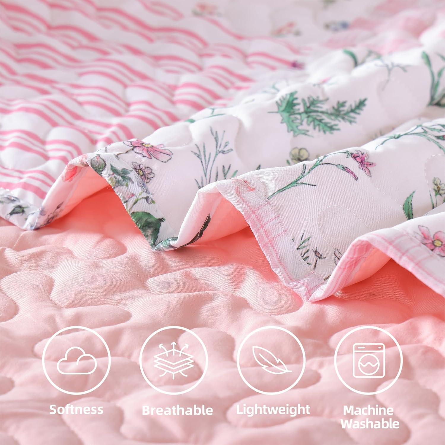 YIKUSH Quilt Sets Queen Size Floral Quilt Set 3 Pieces Bedding Set Bedspreads Pink Comforter Blanket with 2 Pillow Cases- Ultra Soft Floral Coverlet with Printed Pattern 90in.x 90in