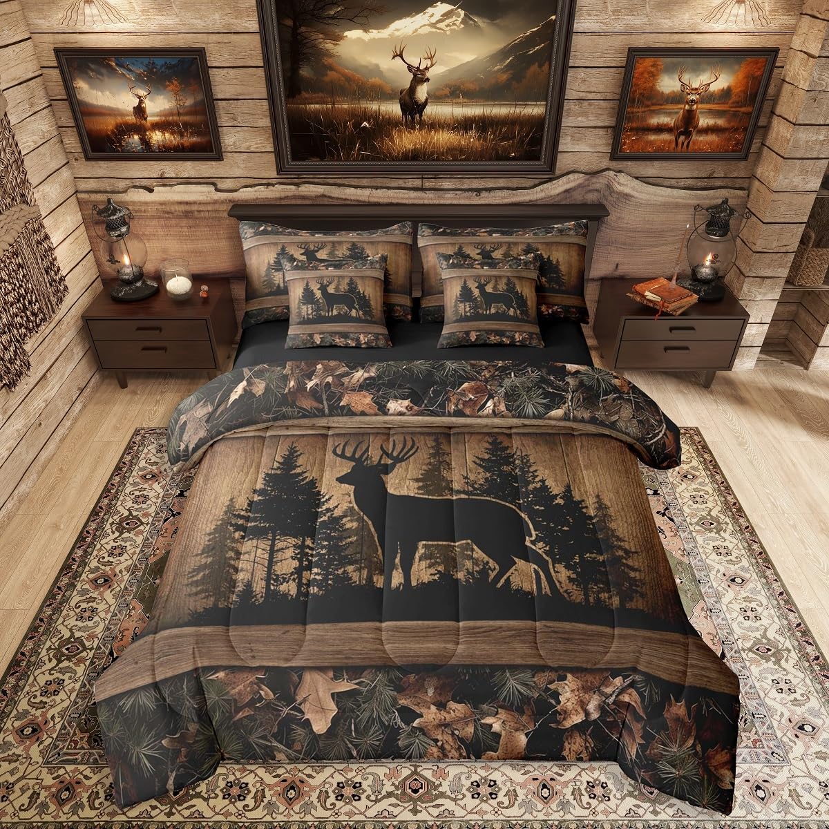Erosebridal 7 Piece Camo Mallard Duck Comforter Set with Sheets for Kids Boys Men Rustic Farmhouse Cabin Bed in A Bag Queen,Hunting Woodland Duck Bedding Set Country Wood Board Animal Bed Set