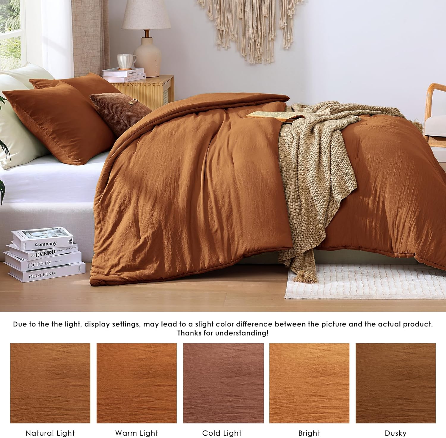 WRENSONGE King Size Comforter Set - 3 Pieces Prewashed Burnt Orange Soft Lightweight Bedding for All Seasons,Fluffy Down Alternative Comforter King Size with 2 Pillow Shams