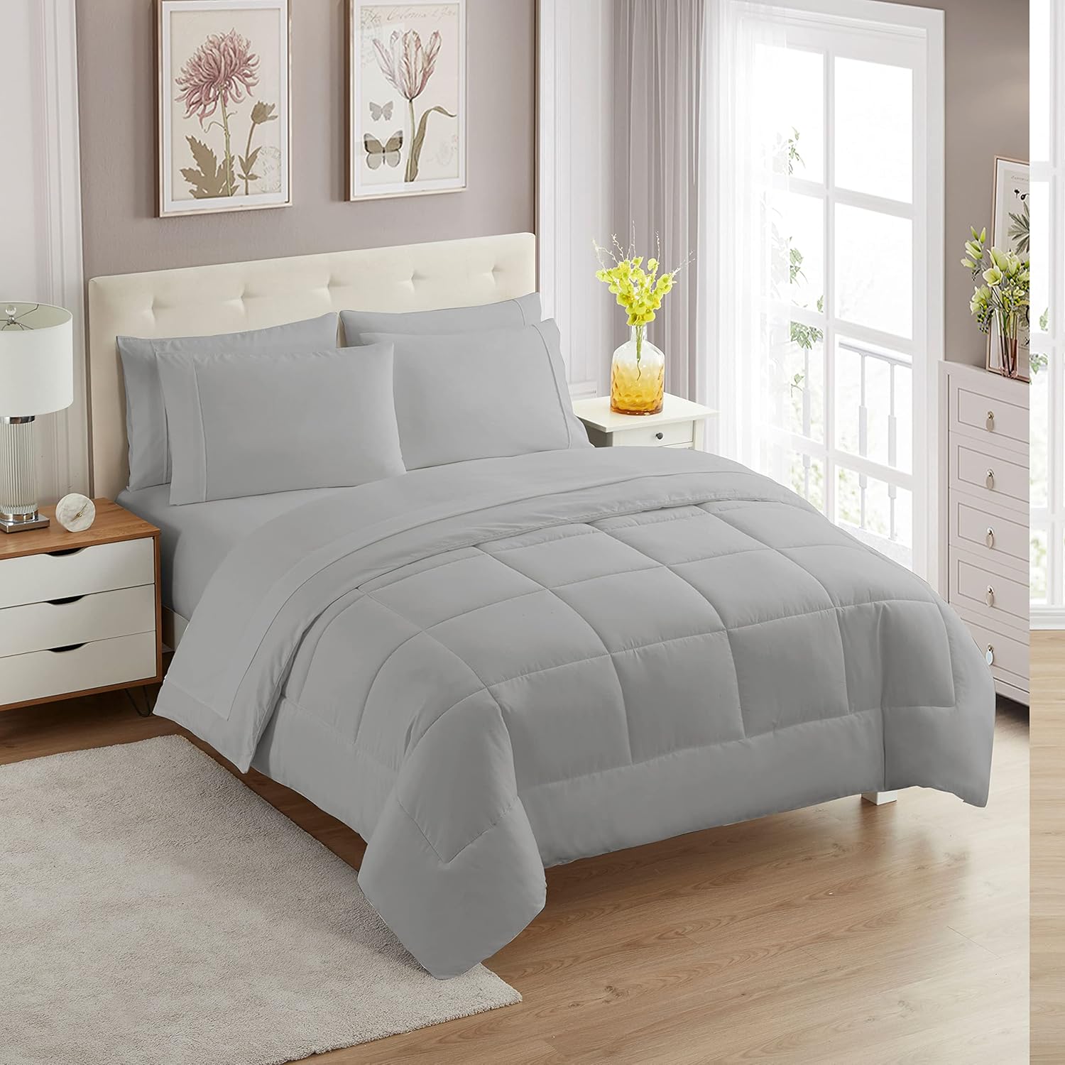 Sweet Home Collection 5 Piece Comforter Set Bag Solid Color All Season Soft Down Alternative Blanket & Luxurious Microfiber Bed Sheets, Gray, Twin