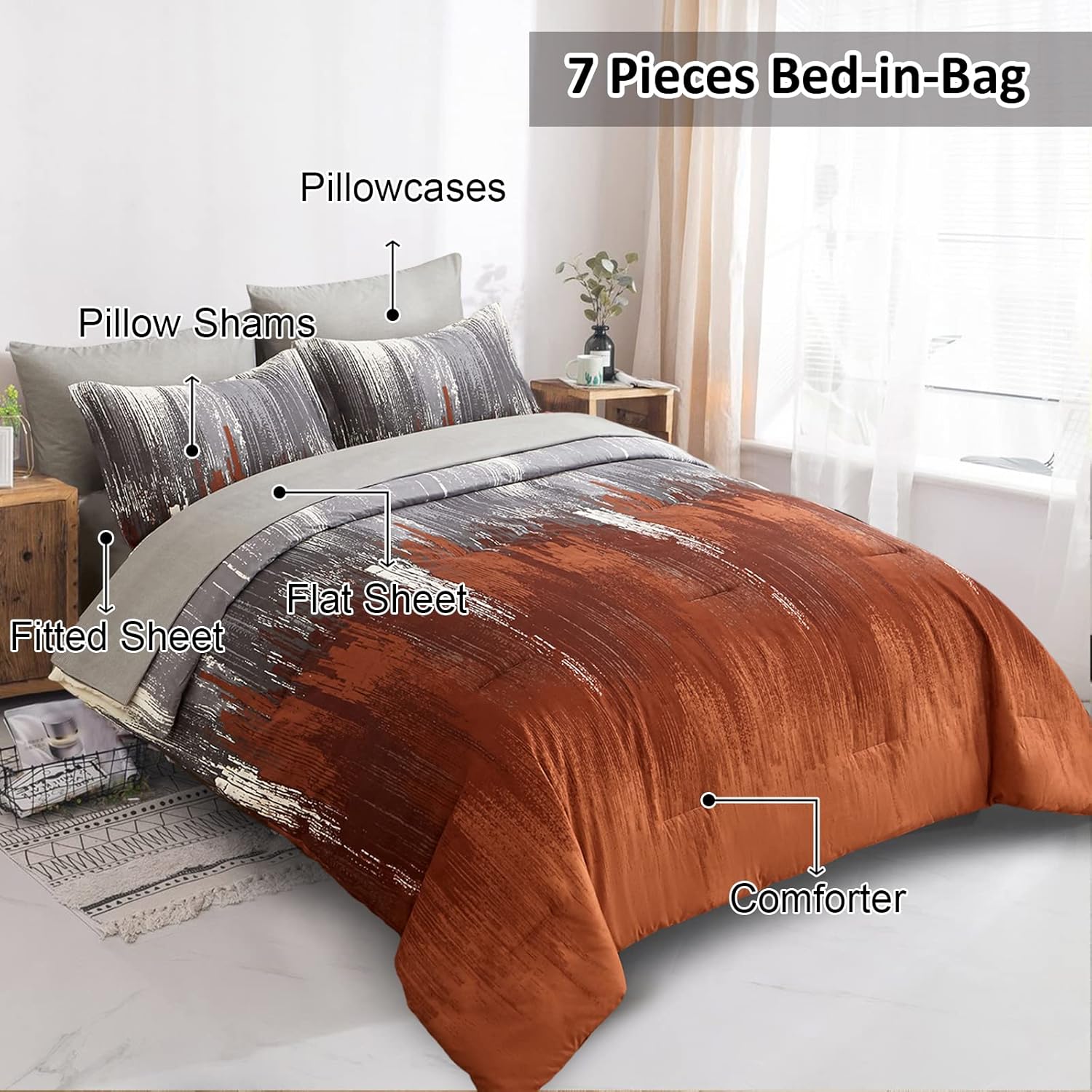 WONGS BEDDING Comforter Set King, Thanksgiving Burnt Orange 7 Pieces Bed in a Bag Abstract Gradient Soft Microfiber Fall Terracotta Bedding Set with Flat Sheet, Fitted Sheet, Pillow Shams, Pillowcases