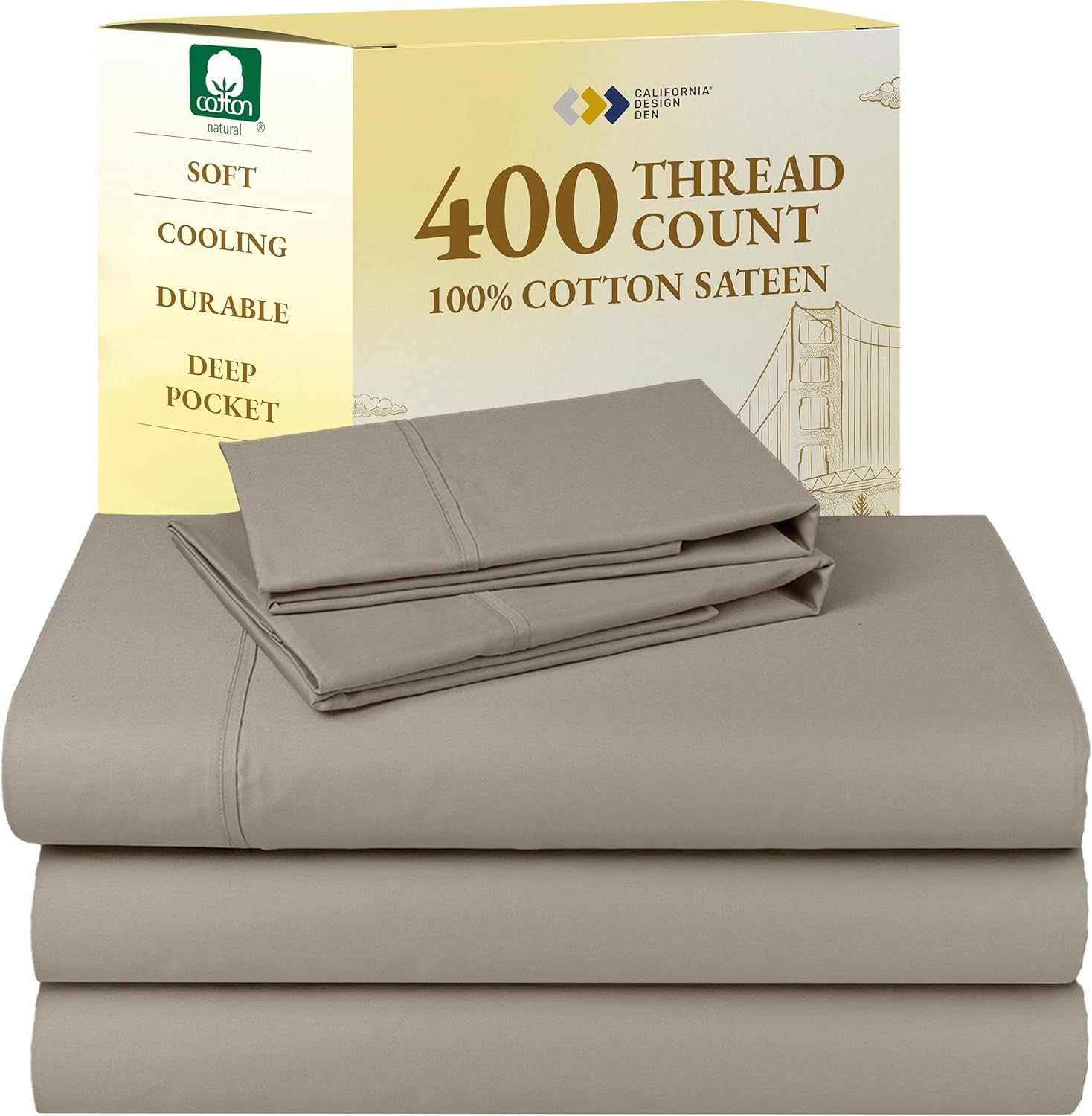 California Design Den King Size Sheets Set - Soft 400 Thread Count Sateen, Natural 100% Cotton Sheets King Size, Deep Pockets with All Around Elastic for a Snug Fit, Cool & Durable Bedding - White