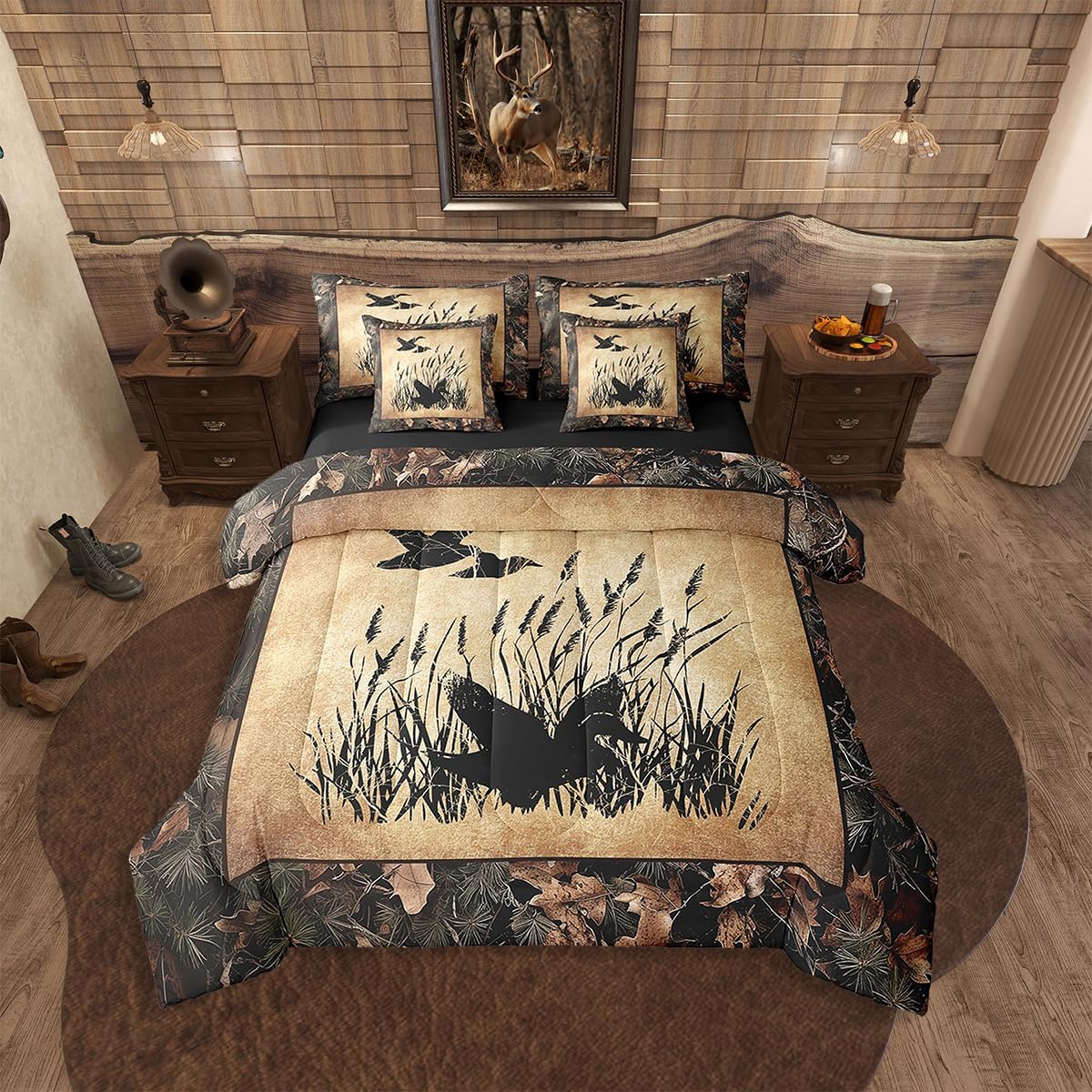 Erosebridal 7 Piece Camo Mallard Duck Comforter Set with Sheets for Kids Boys Men Rustic Farmhouse Cabin Bed in A Bag Queen,Hunting Woodland Duck Bedding Set Country Wood Board Animal Bed Set
