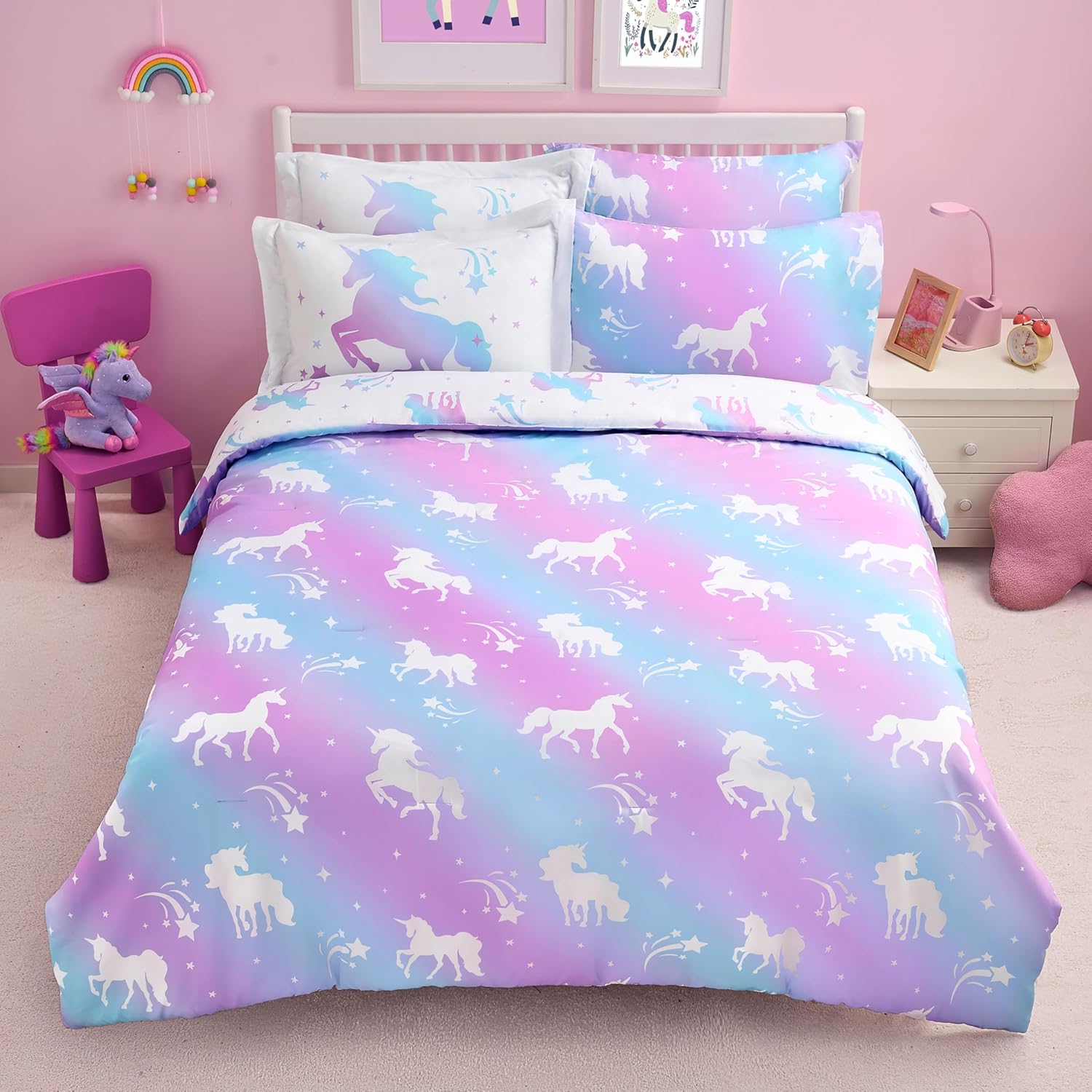 Joiedomi Kid Twin Comforter Set 5 Piece Unicorn Bedding Set for Boys Girls Super Soft Microfiber Bed in a Bag with Comforter Sheets Pillowcase Sham