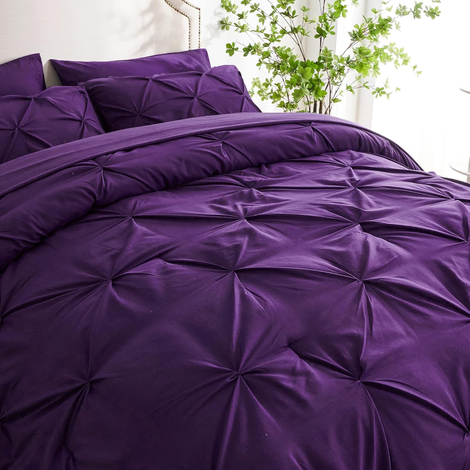 Ubauba 7pc Purple Comforter Set Queen Size with Sheets, Pintuck 7 Piece Bedding Comforters Bed in a Bag for All Season, Pinched Pleat Bed Set with Comforter (Purple,Queen)