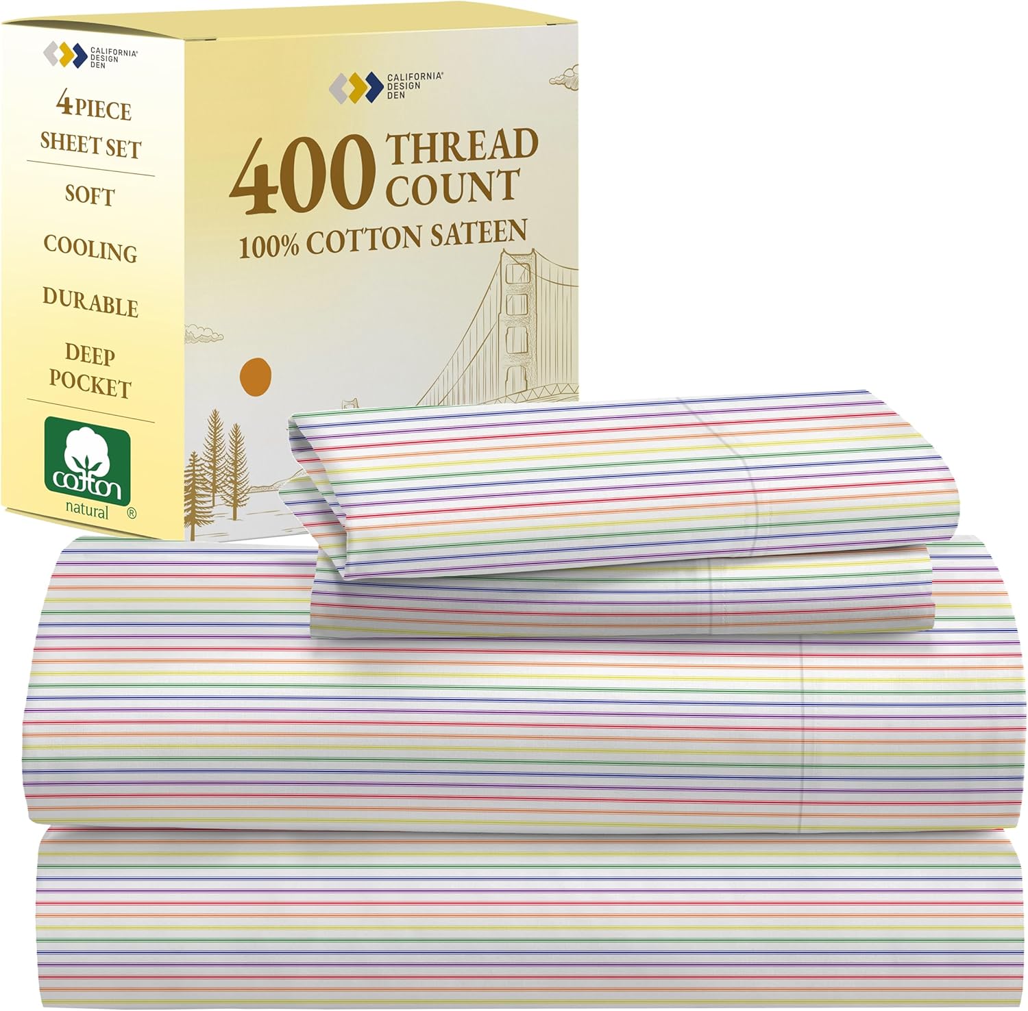 California Design Den King Size Sheets Set - Soft 400 Thread Count Sateen, Natural 100% Cotton Sheets King Size, Deep Pockets with All Around Elastic for a Snug Fit, Cool & Durable Bedding - White