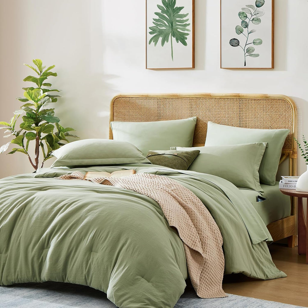 WRENSONGE Queen Comforter Set - 7 Pieces Sage Green Soft Bed in a Bag Queen with Fitted Sheet, Flat Sheet, 2 Pillow Shams, and 2 Pillowcases- Warm Bedding Sets Queen for All Season