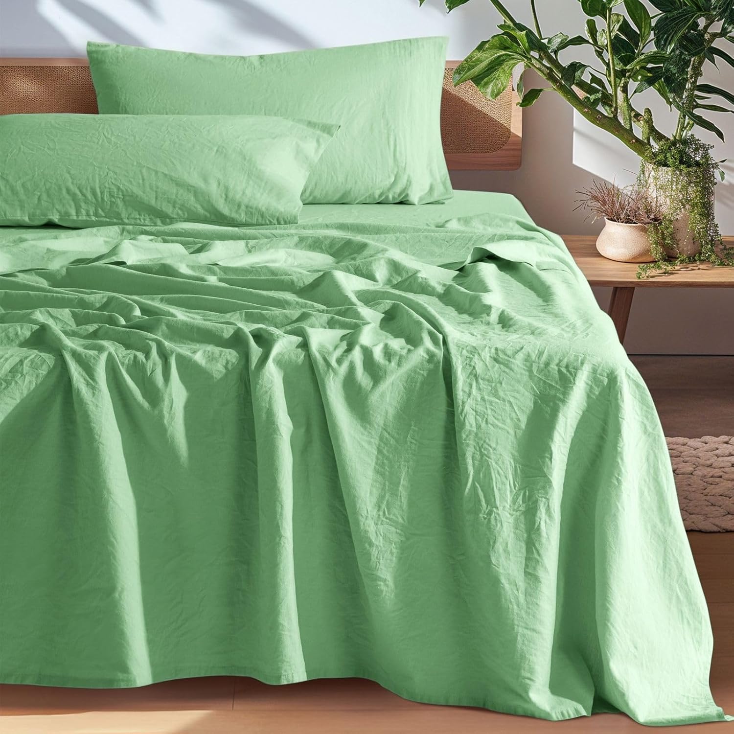 SONORO KATE 100% French Pure Linen Sheets, Breathable and Durable Linen Queen Size Sheets, Anti-Tear Linen Bed Sheets, Machine Washable, 16 Inch Deep Pocket - 4 Piece (Natural Linen, Queen)