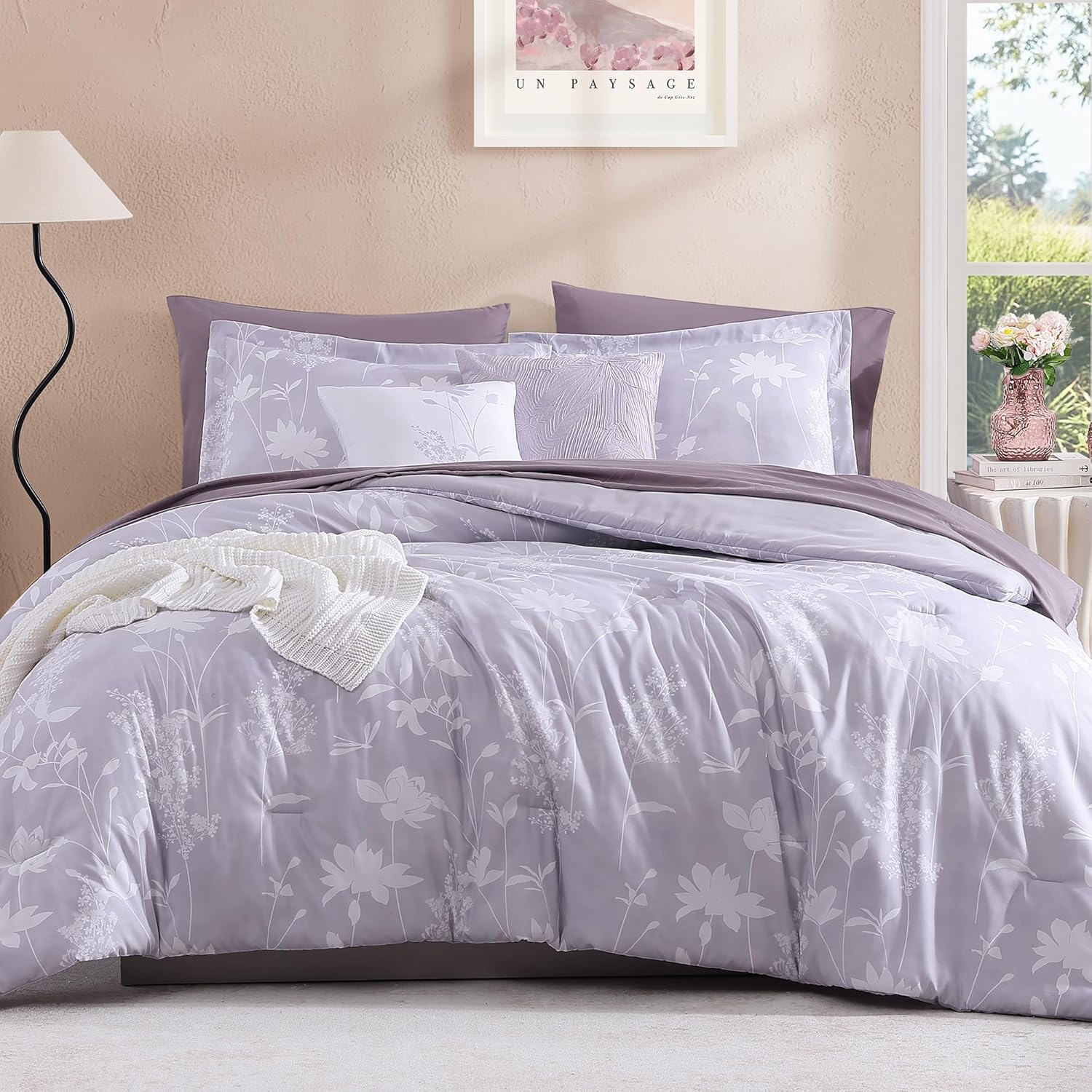 Queen Comforter Set -7 Pieces Pink Floral Comforter Set for All Seasons, Bed in a Bag Queen with Botanical Flowers Comforter, Sheets, Pillowcases & Shams